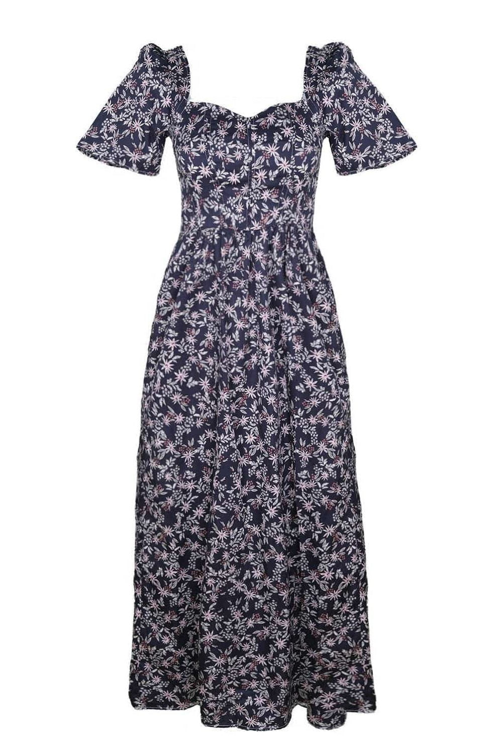 Onirik Dress Beatrice Maxi Dress with Sweetheart Neckline / Black Floral Cotton