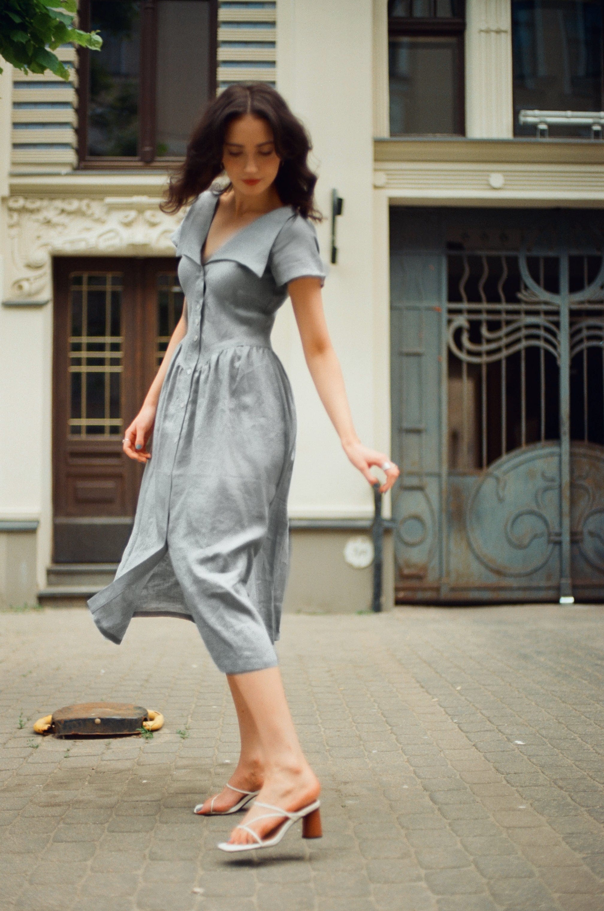 Onirik Dress Helena Dress / 100% Linen in Pale Blue with Shell Buttons