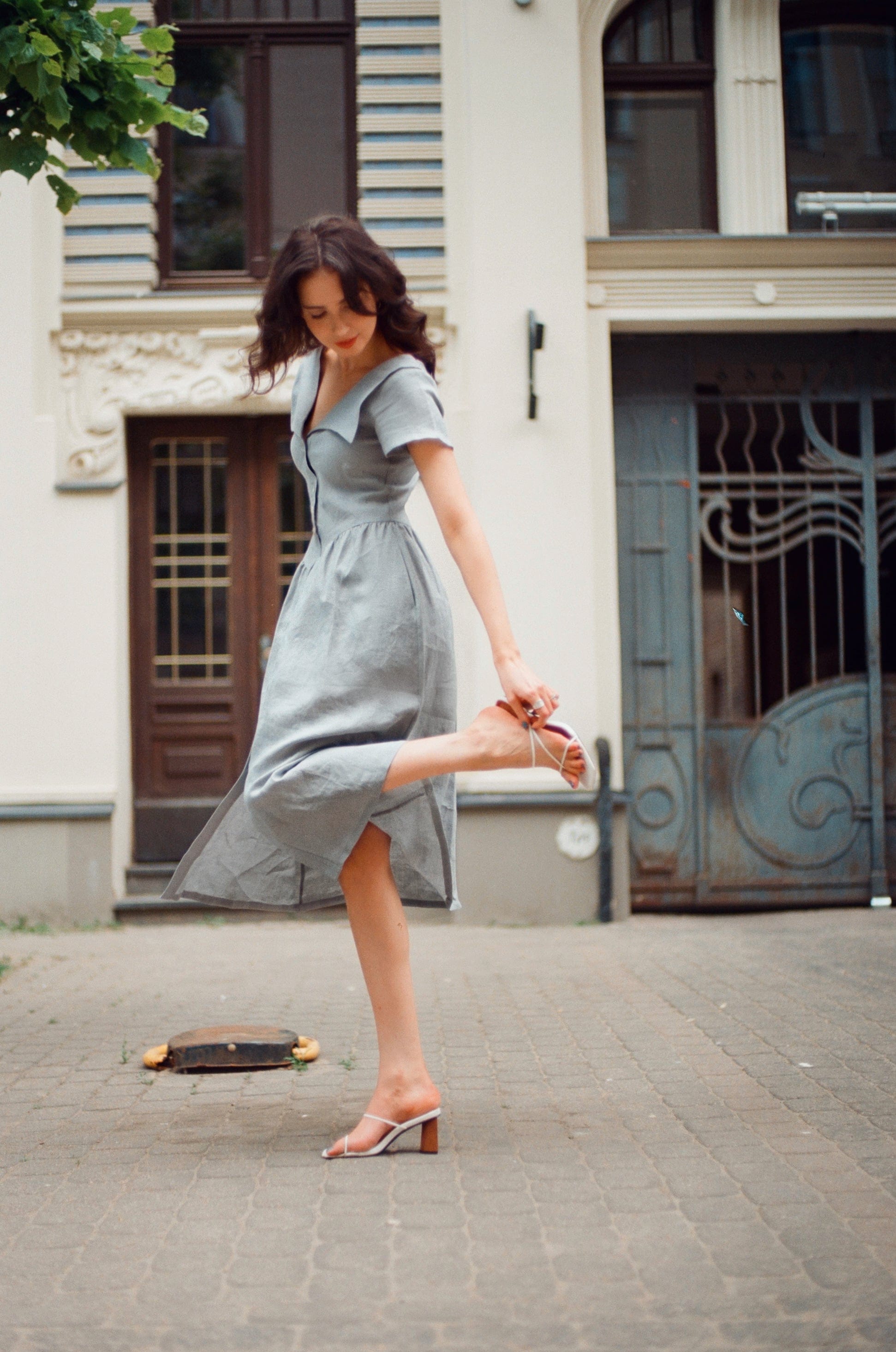 Onirik Dress Helena Dress / 100% Linen in Pale Blue with Shell Buttons