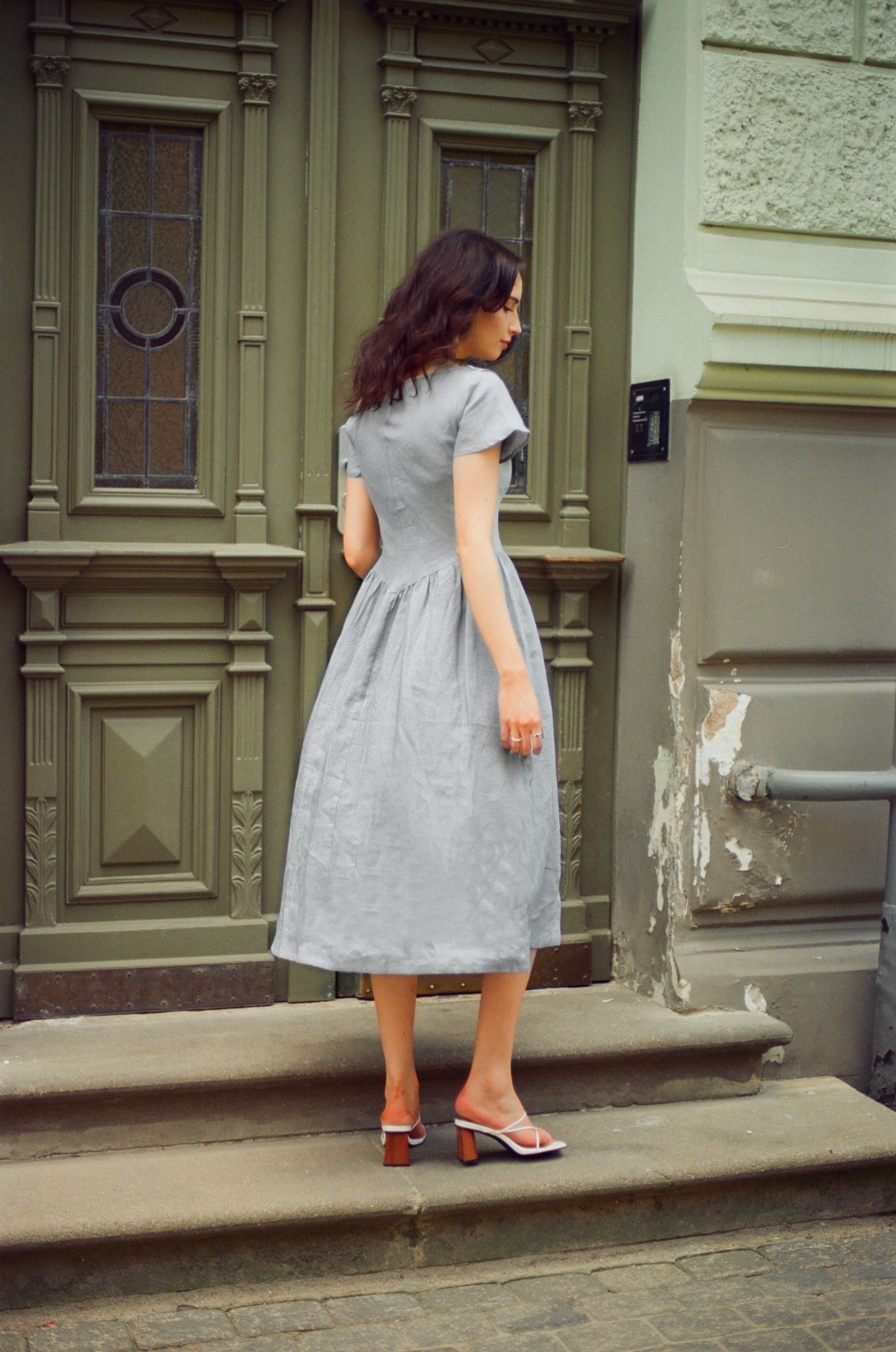 Onirik Dress Helena Dress / 100% Linen in Pale Blue with Shell Buttons