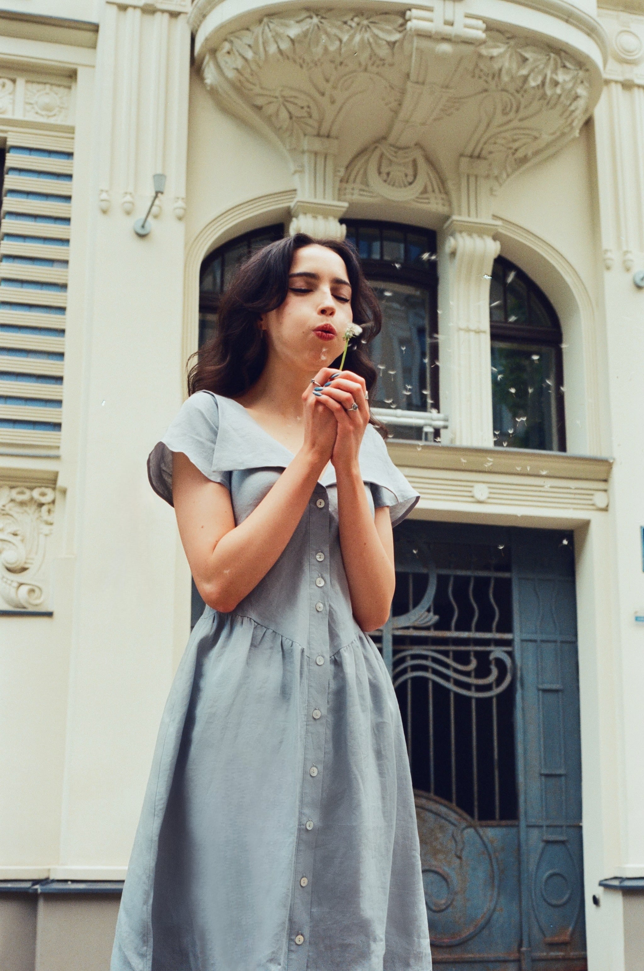 Onirik Dress Helena Dress / 100% Linen in Pale Blue with Shell Buttons