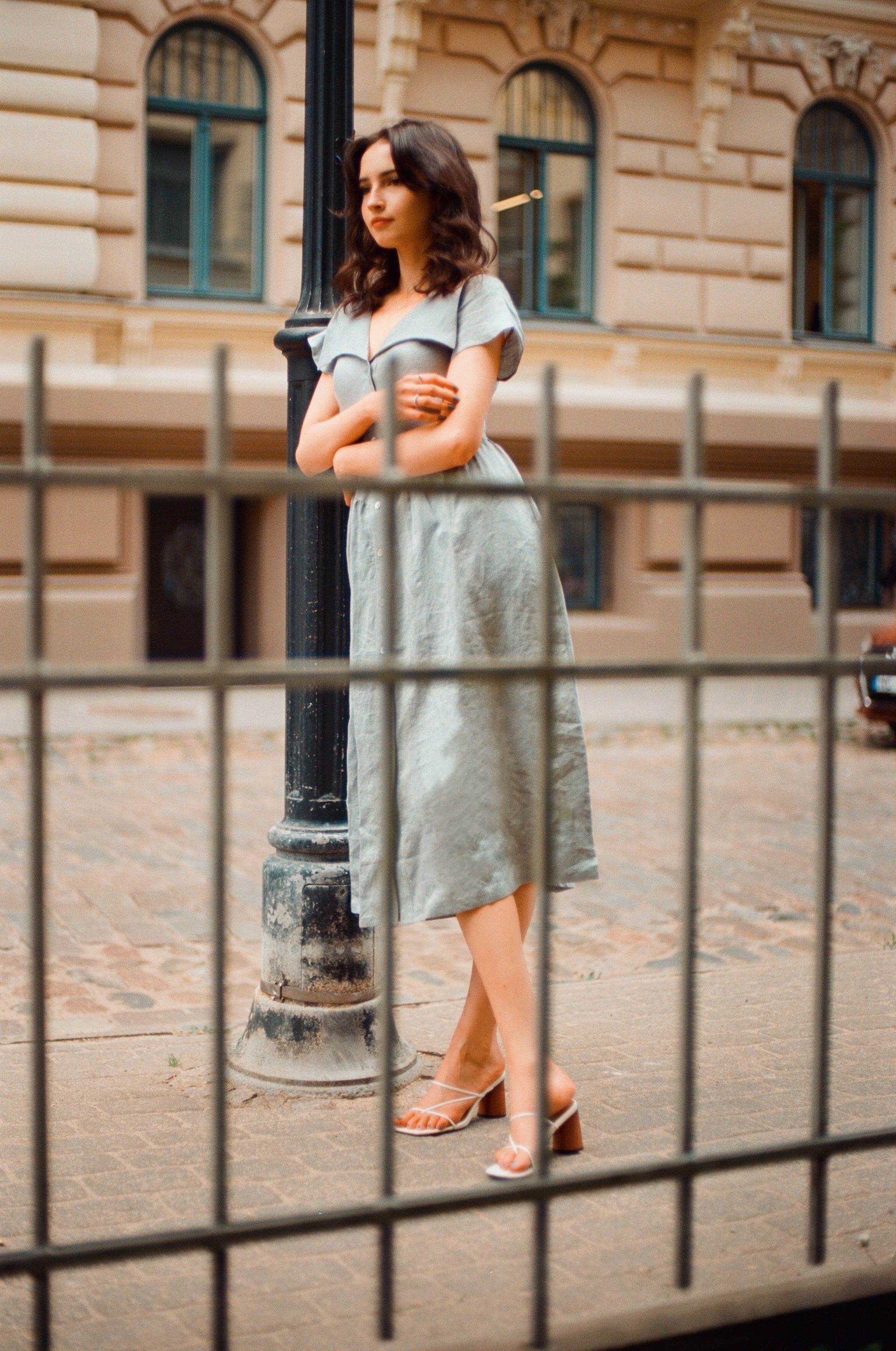 Onirik Dress Helena Dress / 100% Linen in Pale Blue with Shell Buttons