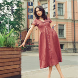 Onirik Dress Helena Dress / 100% Linen in Plum with Shell Buttons