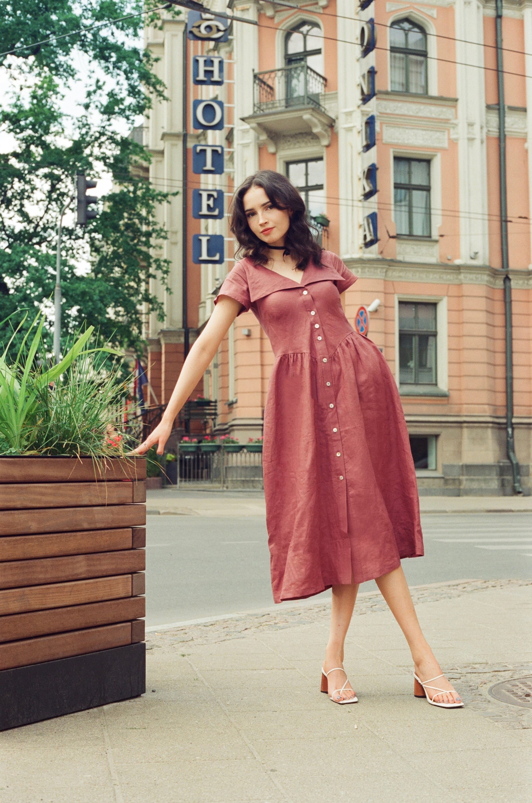 Onirik Dress Helena Dress / 100% Linen in Plum with Shell Buttons