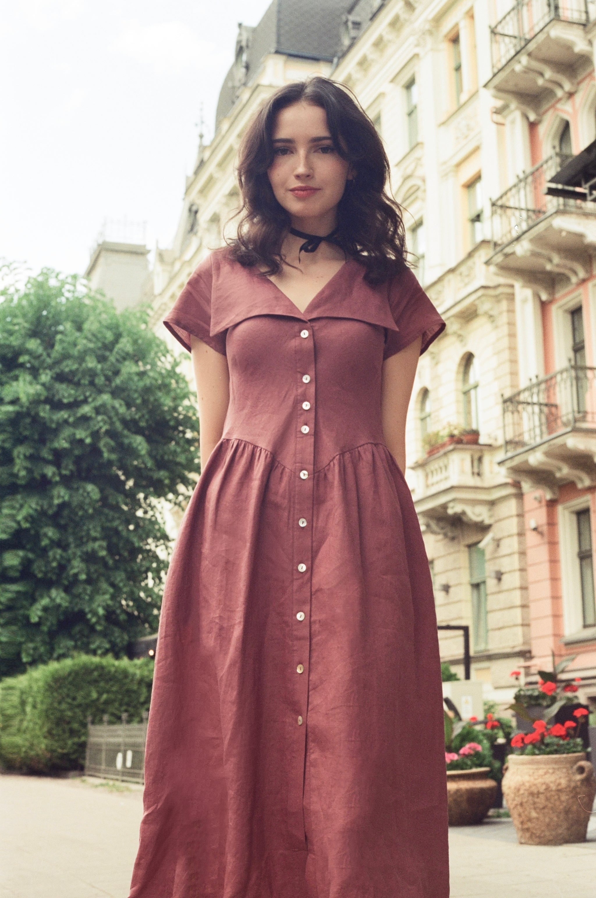 Onirik Dress Helena Dress / 100% Linen in Plum with Shell Buttons