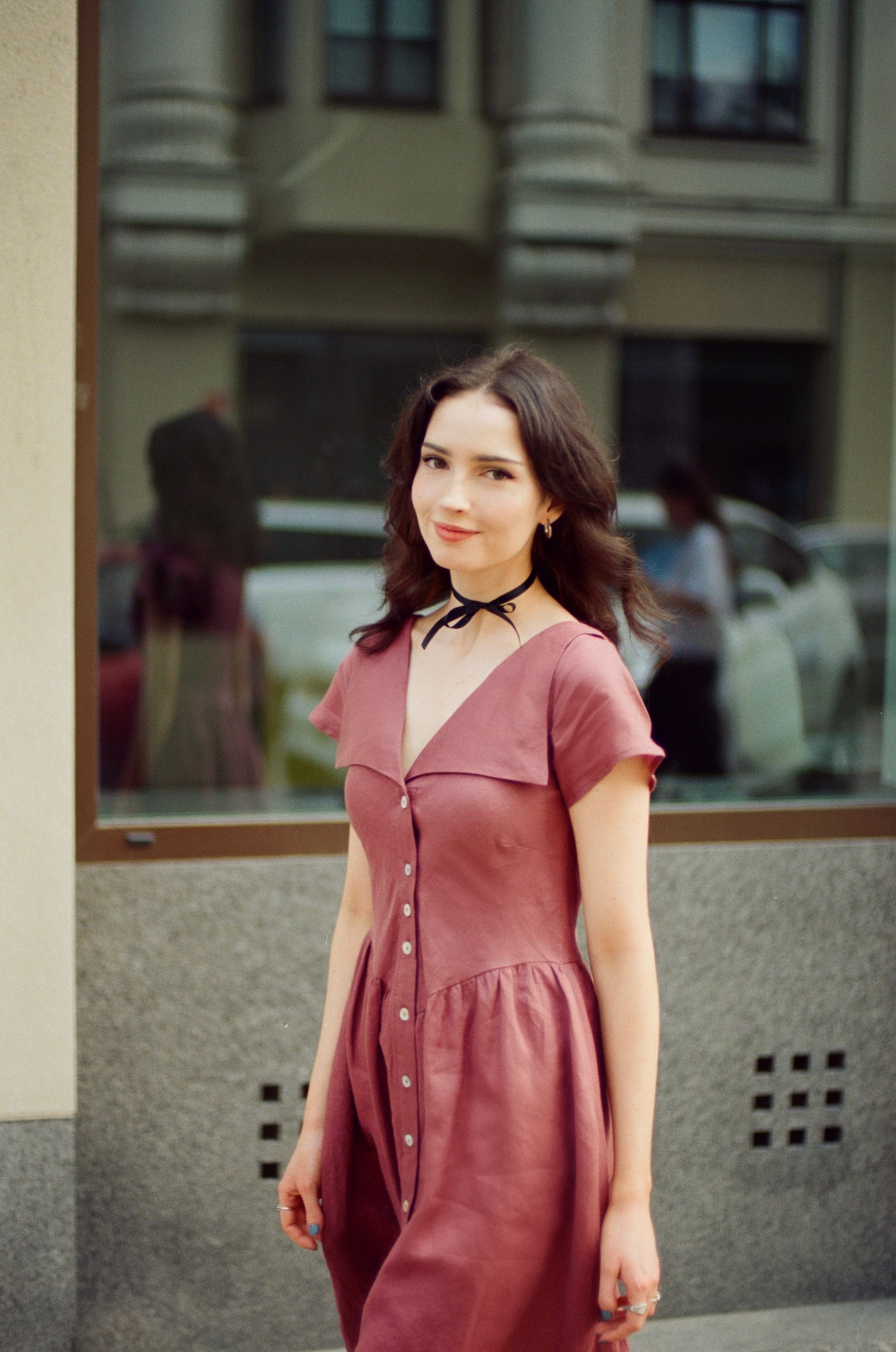 Onirik Dress Helena Dress / 100% Linen in Plum with Shell Buttons