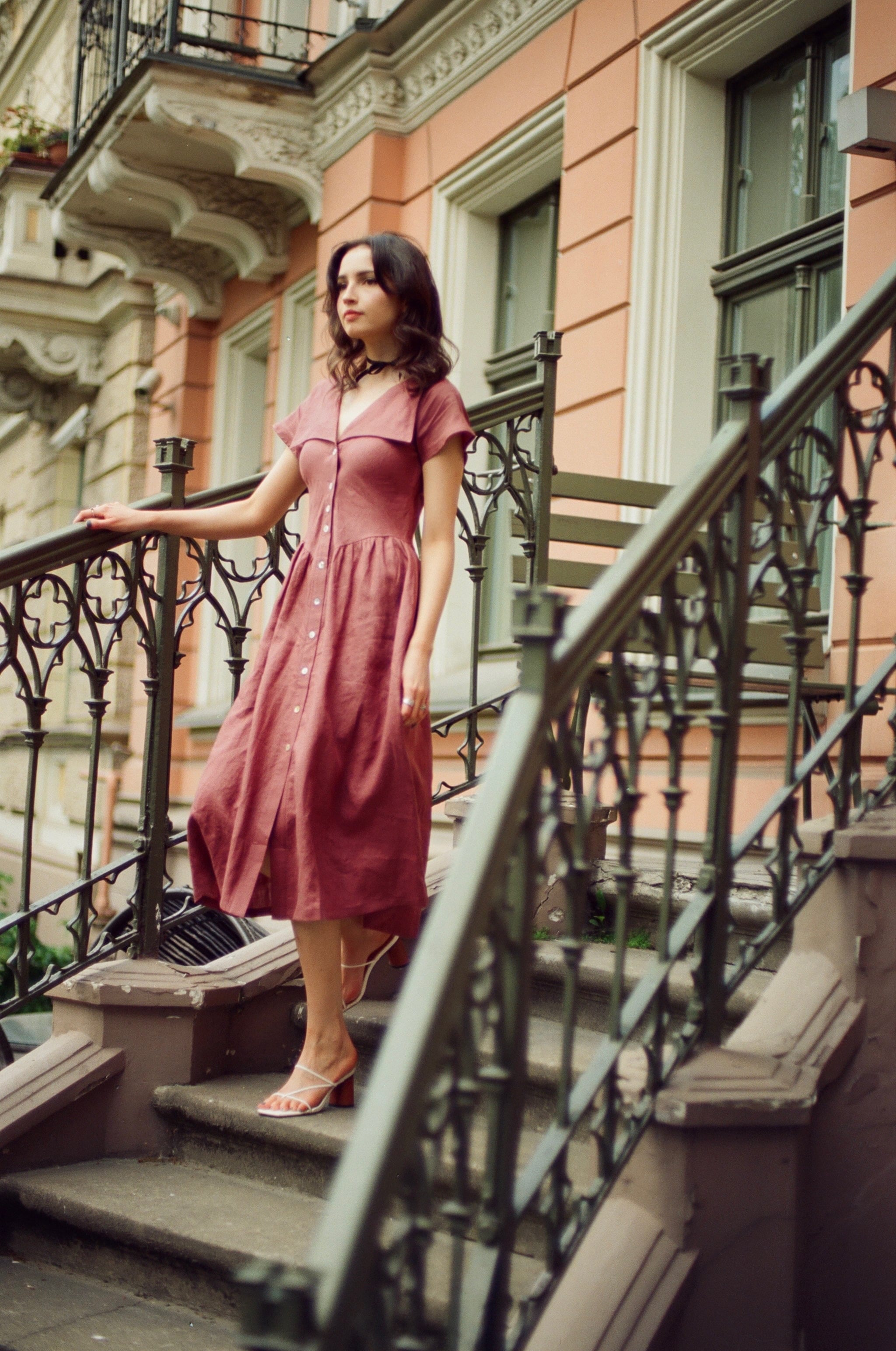 Onirik Dress Helena Dress / 100% Linen in Plum with Shell Buttons