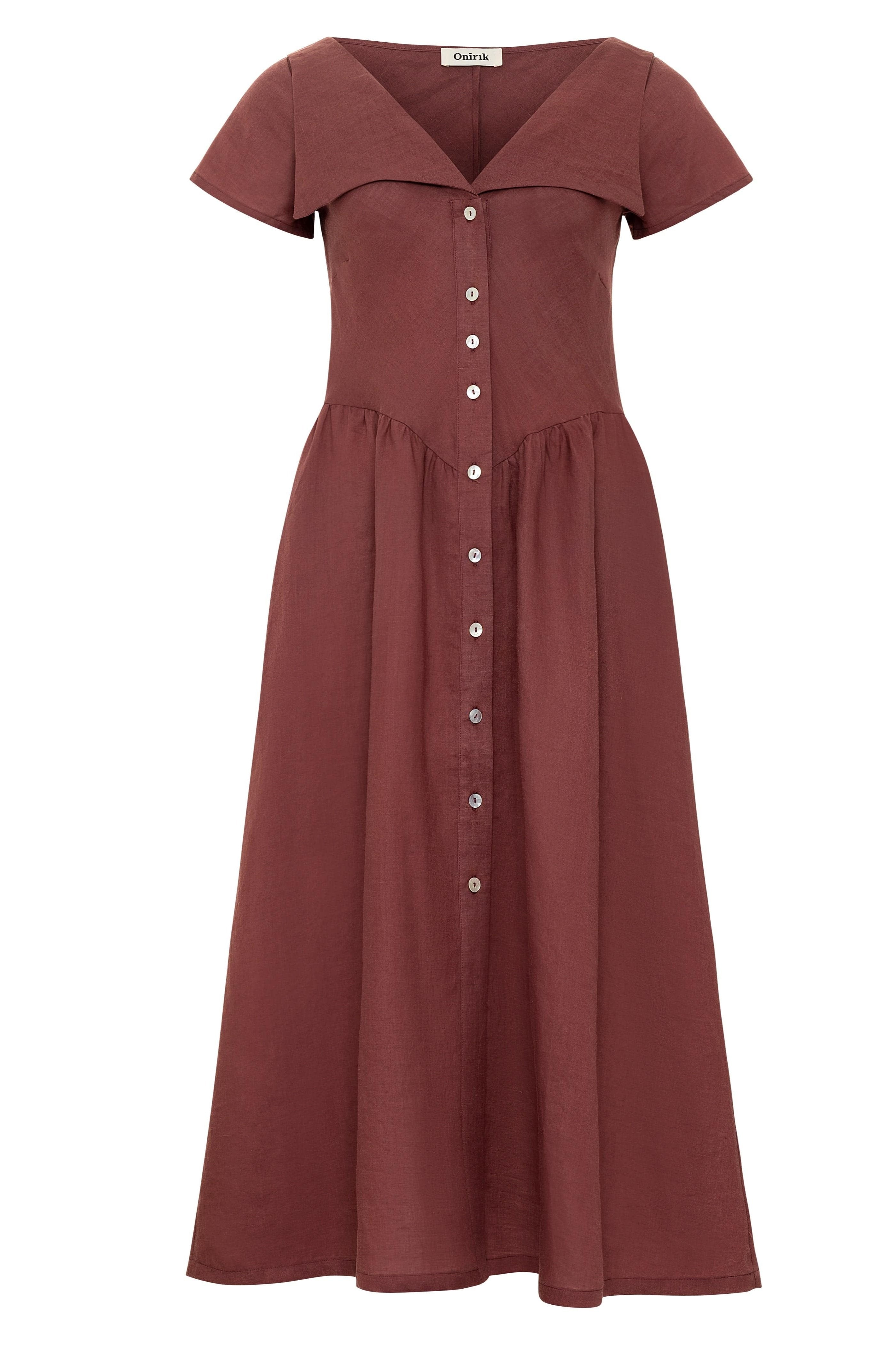 Onirik Dress Helena Dress / 100% Linen in Plum with Shell Buttons