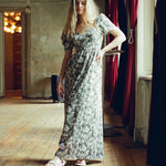 Onirik Dress Poppy Maxi Dress / Forest Green + Vintage White Floral Cotton