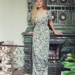 Onirik Dress Poppy Maxi Dress / Forest Green + Vintage White Floral Cotton