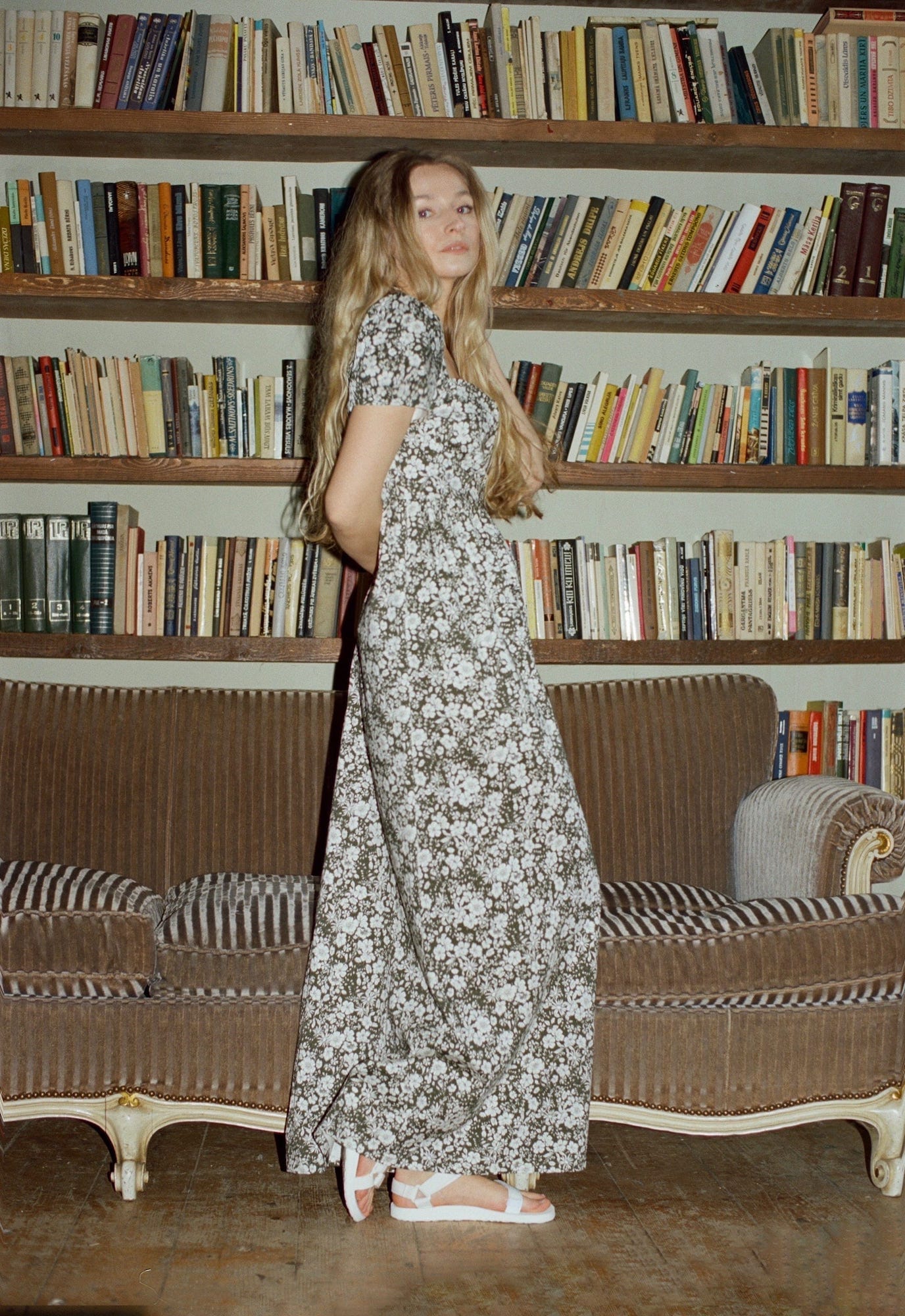 Onirik Dress Poppy Maxi Dress / Forest Green + Vintage White Floral Cotton