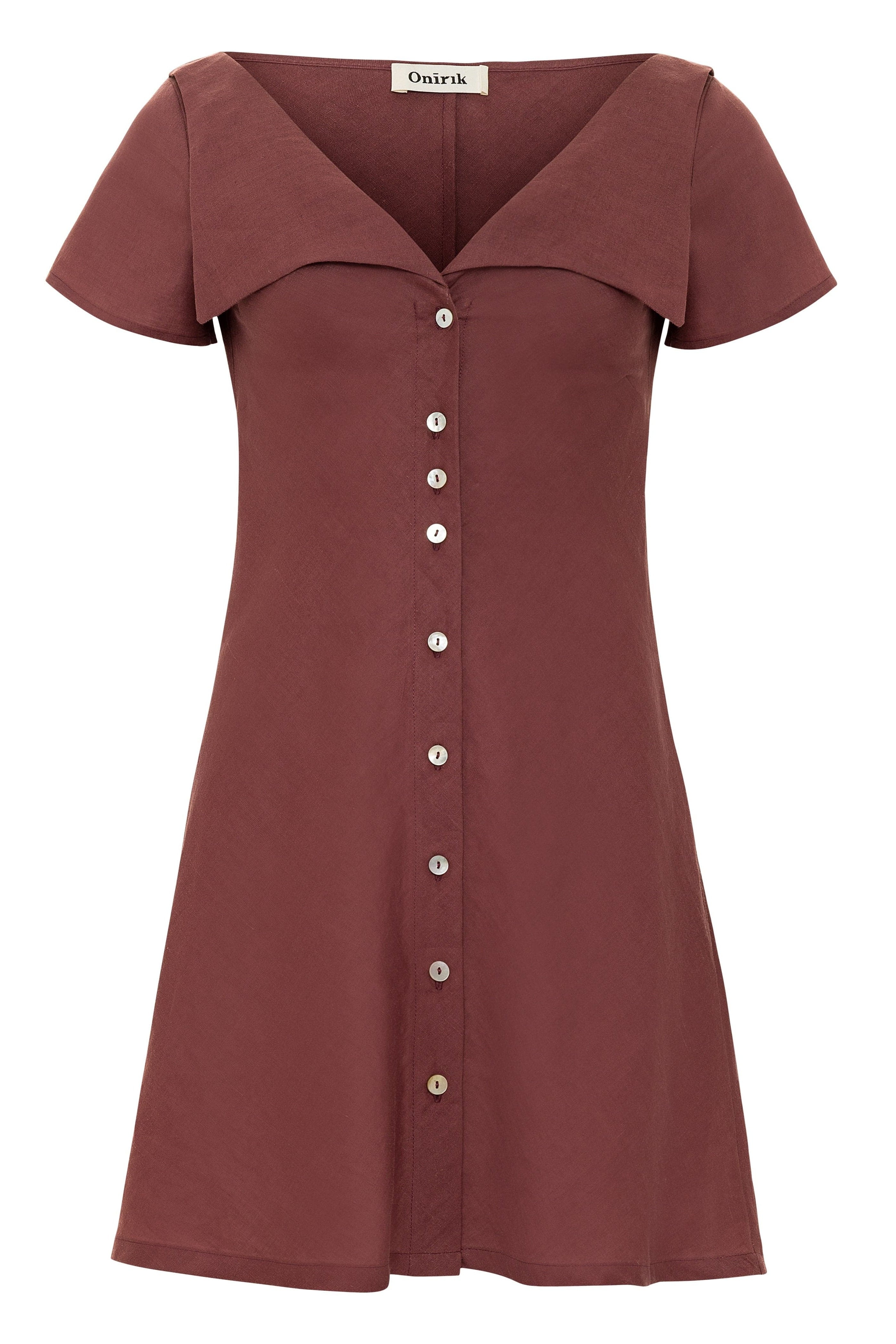 Onirik Dresses Gabi Short Dress / 100% Linen in Plum with Shell Buttons