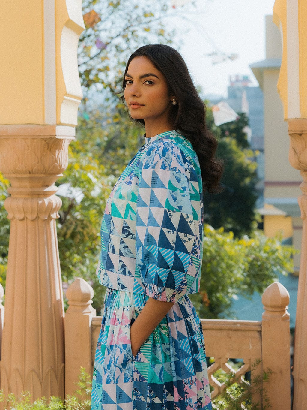 OPHELIA & INDIGO Blouse Mimi Top Green & Blue Geo