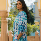 OPHELIA & INDIGO Blouse Mimi Top Green & Blue Geo