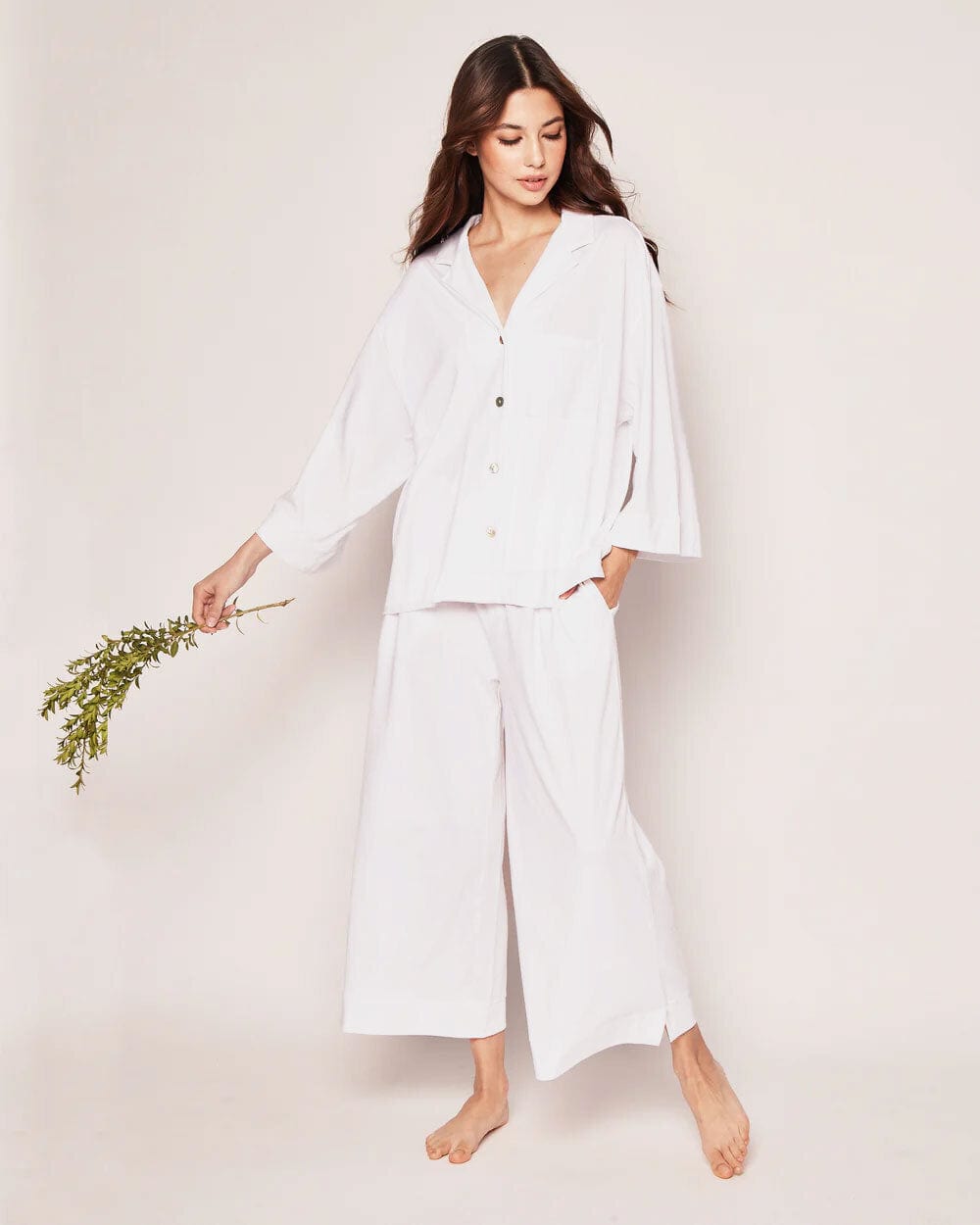 Petite Plume Sleepwear & Loungewear The Olivia Wide Leg Pima Pajama Set in White