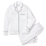 Petite Plume Sleepwear & Loungewear Women's Pima Pajama Set in White with Navy Piping