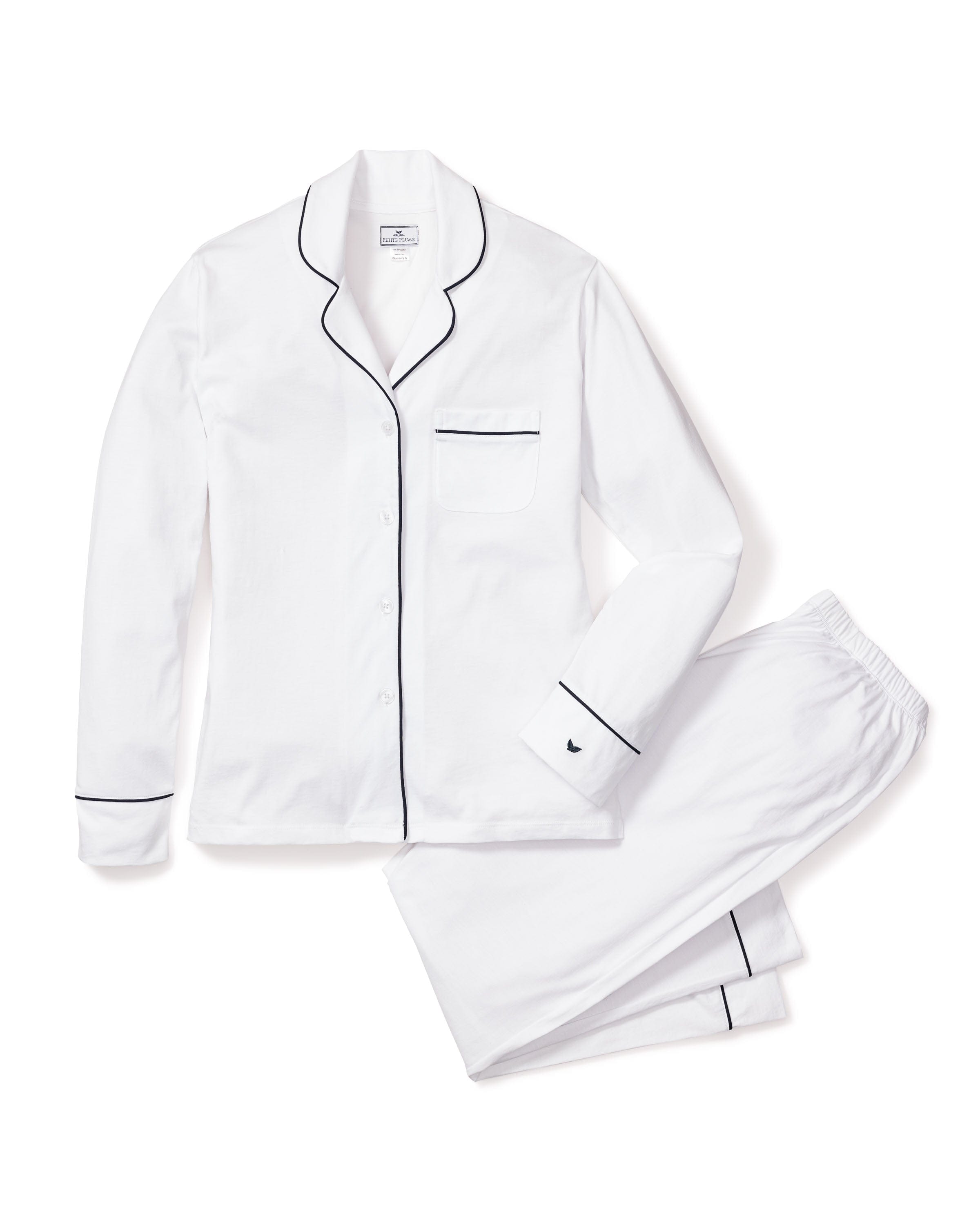 Petite Plume Sleepwear & Loungewear Women's Pima Pajama Set in White with Navy Piping