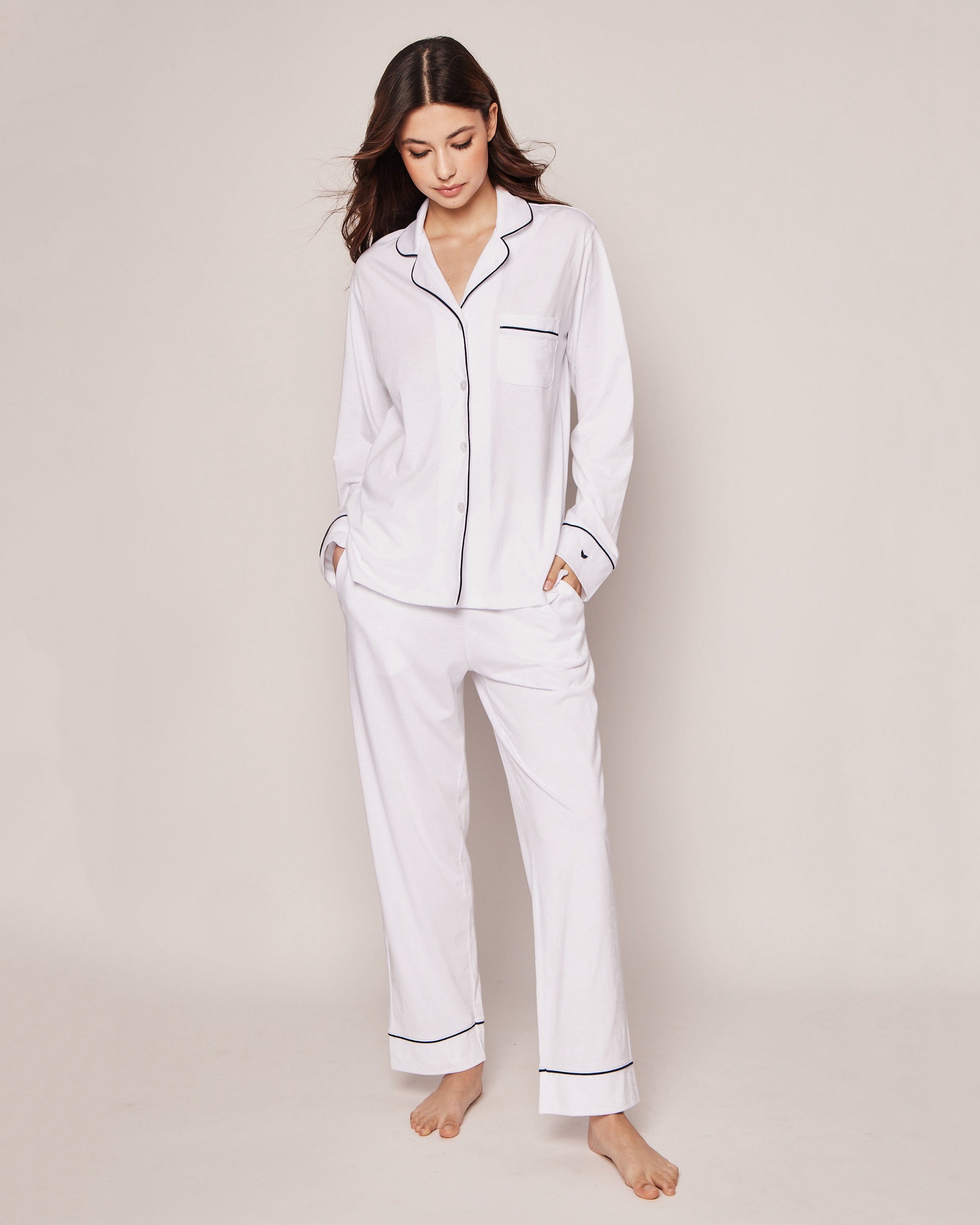 Petite Plume Sleepwear & Loungewear Women's Pima Pajama Set in White with Navy Piping