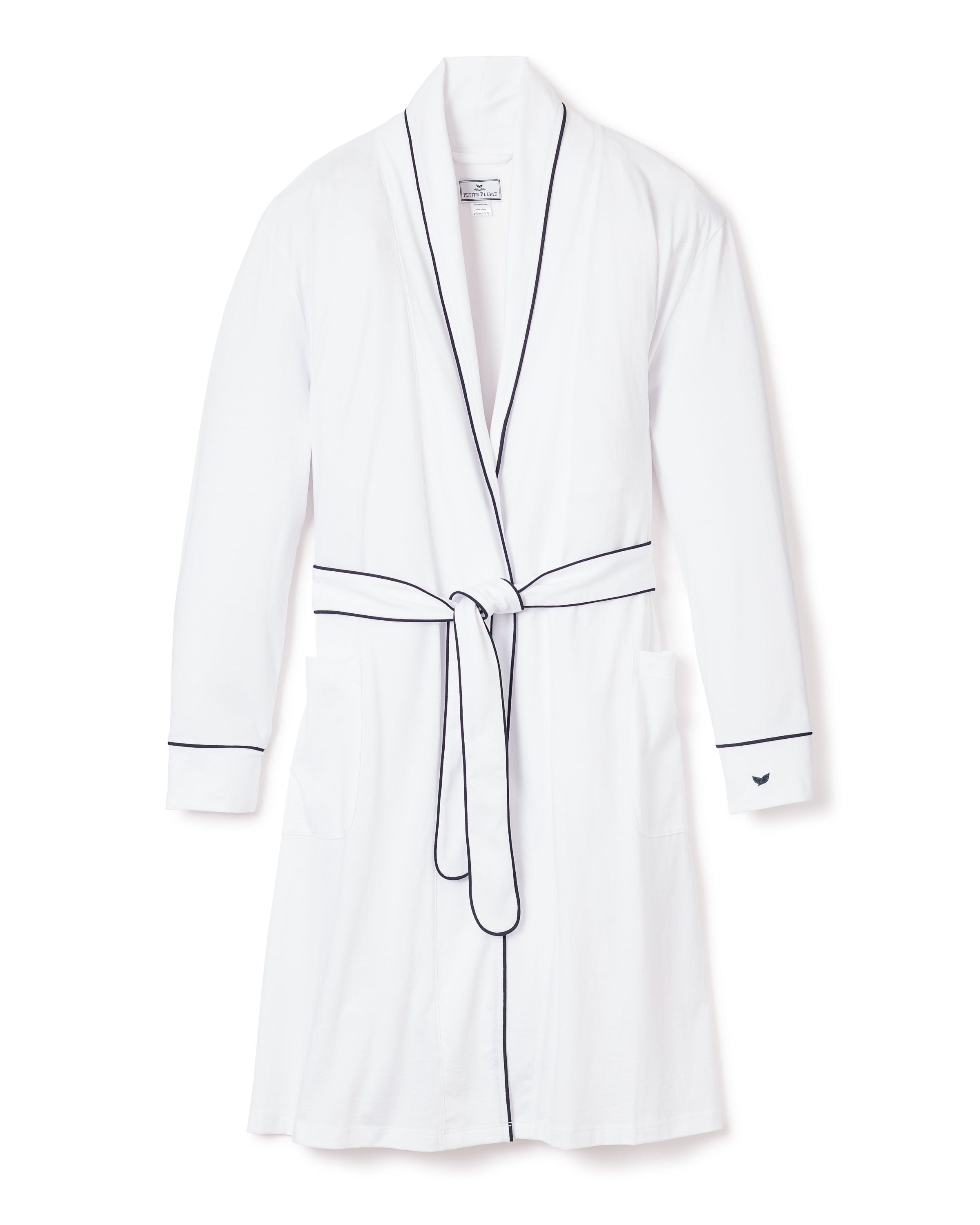 Petite Plume Sleepwear & Loungewear Women's Pima Robe in White with Navy Piping