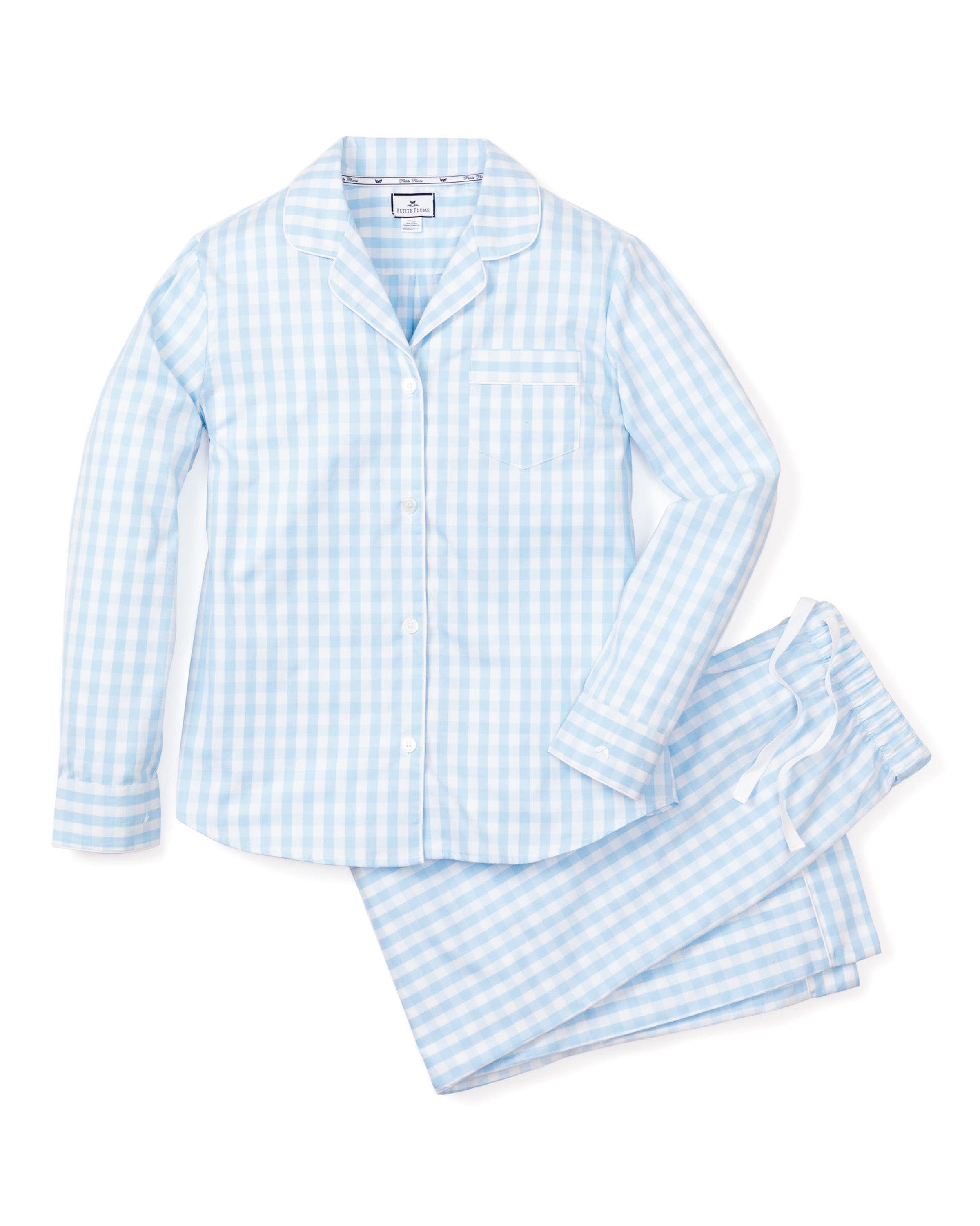 Petite Plume Sleepwear & Loungewear Women's Twill Pajama Set in Light Blue Gingham