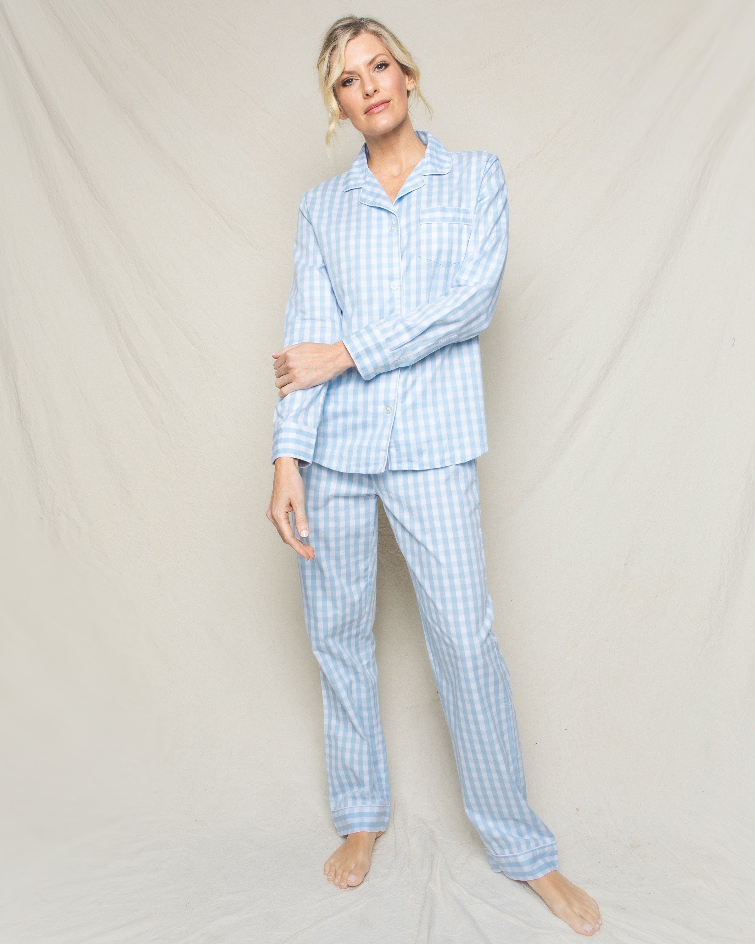 Petite Plume Sleepwear & Loungewear Women's Twill Pajama Set in Light Blue Gingham