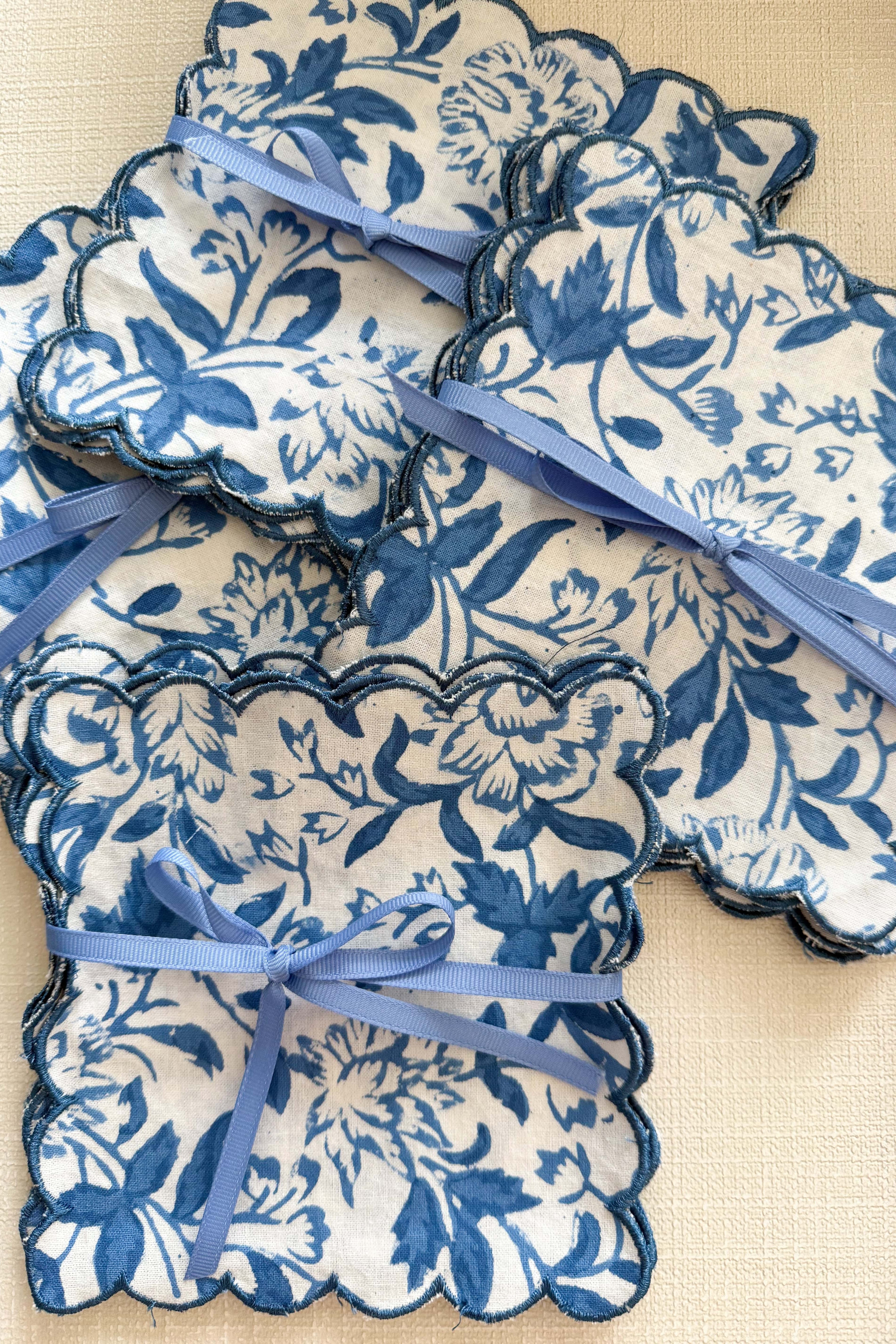 SARA KHATIB DESIGN Cocktail Napkins SCALLOP TRIM COCKTAIL NAPKINS COASTAL BLUE WILDFLOWER