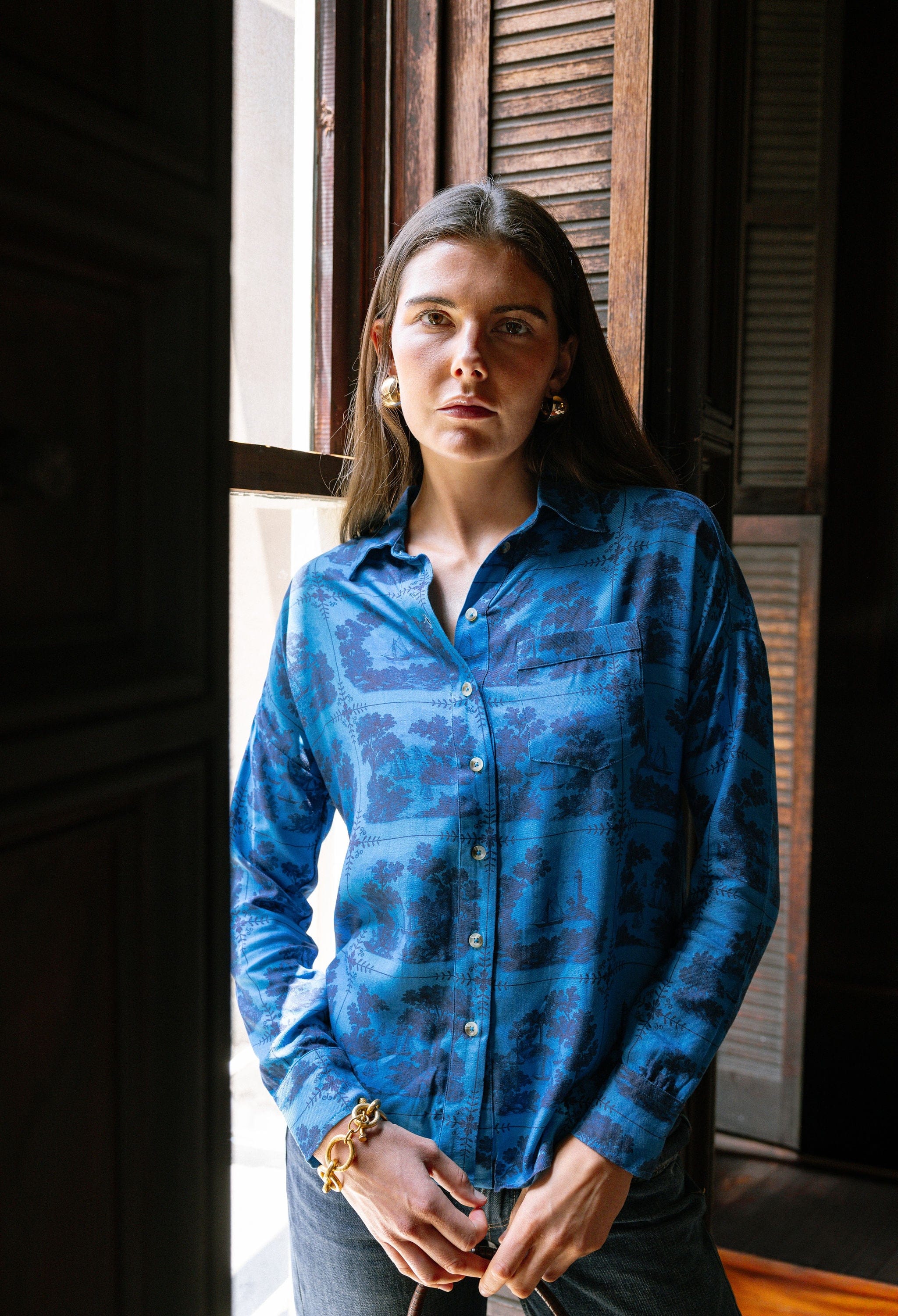 Sarah Alexis Tops Maeve Buttondown Shirt - Dark Blue Sailor's Tile