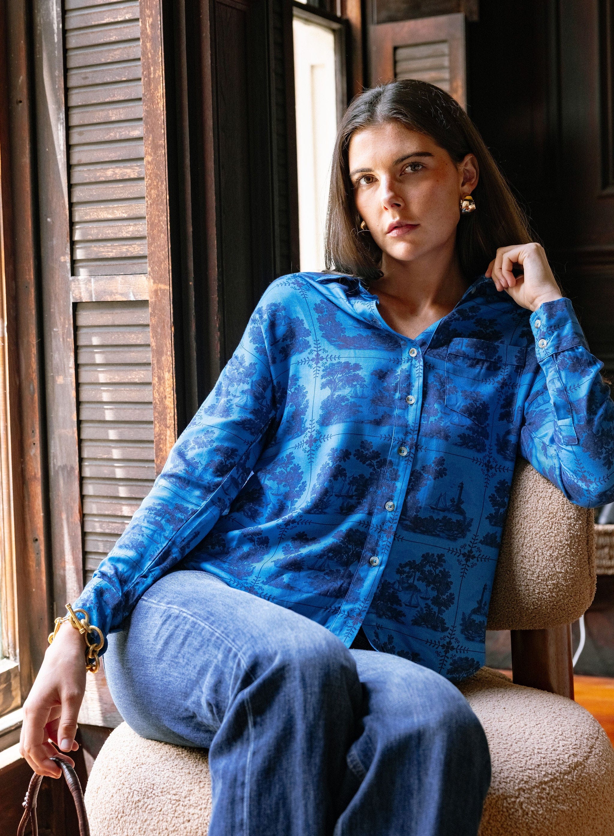 Sarah Alexis Tops Maeve Buttondown Shirt - Dark Blue Sailor's Tile