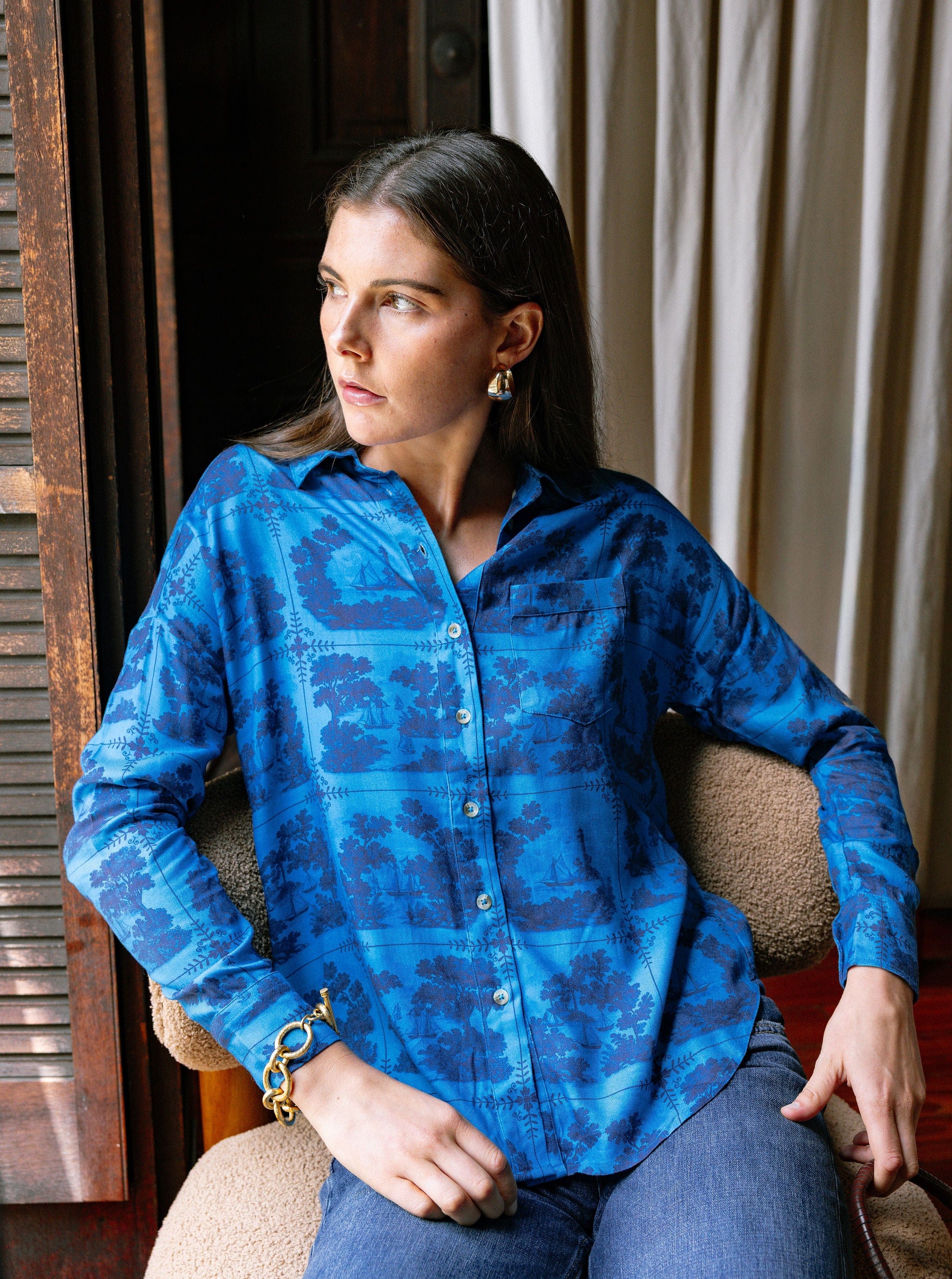 Sarah Alexis Tops Maeve Buttondown Shirt - Dark Blue Sailor's Tile