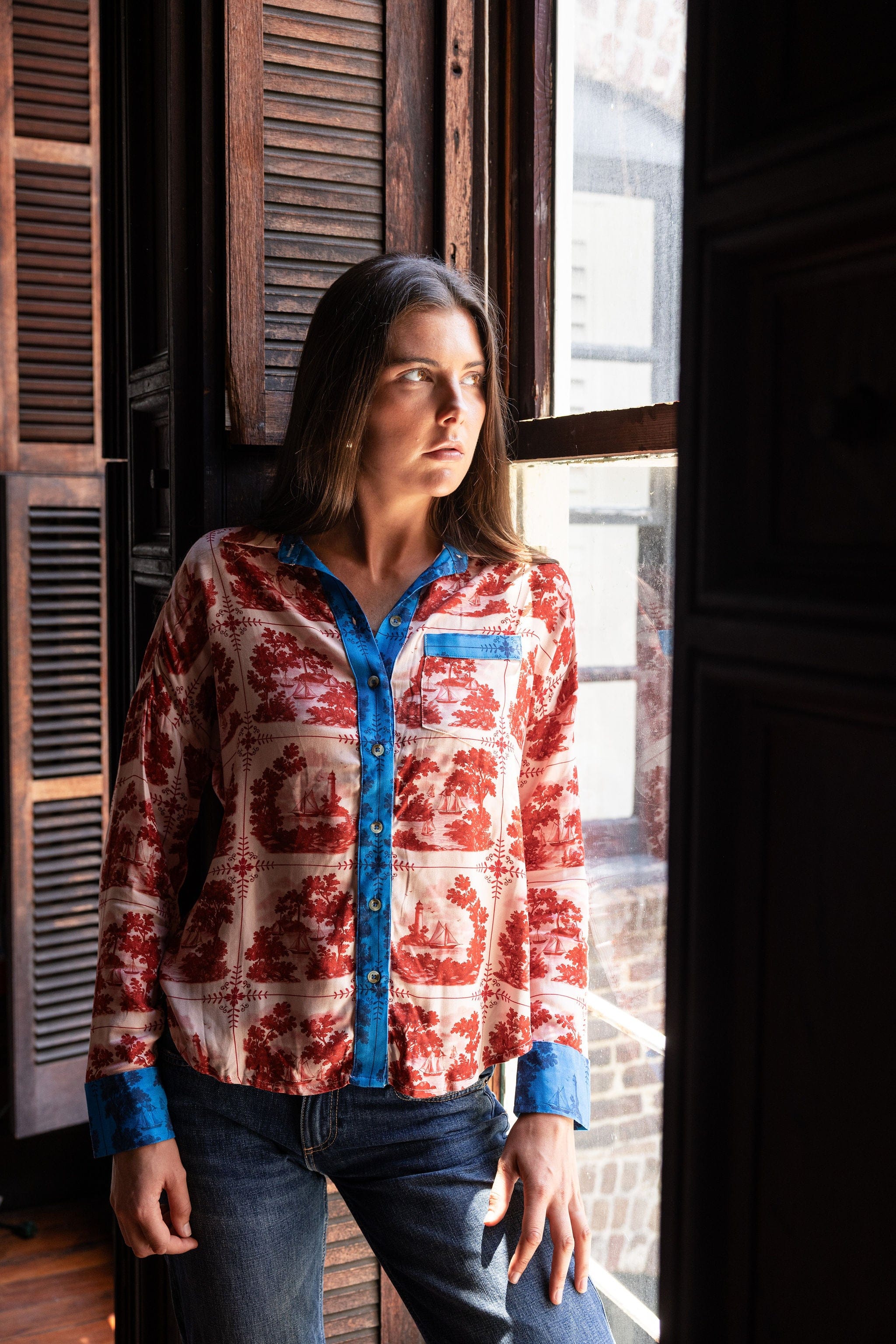 Sarah Alexis Tops Maeve Buttondown Shirt - Red Sailor's Tile