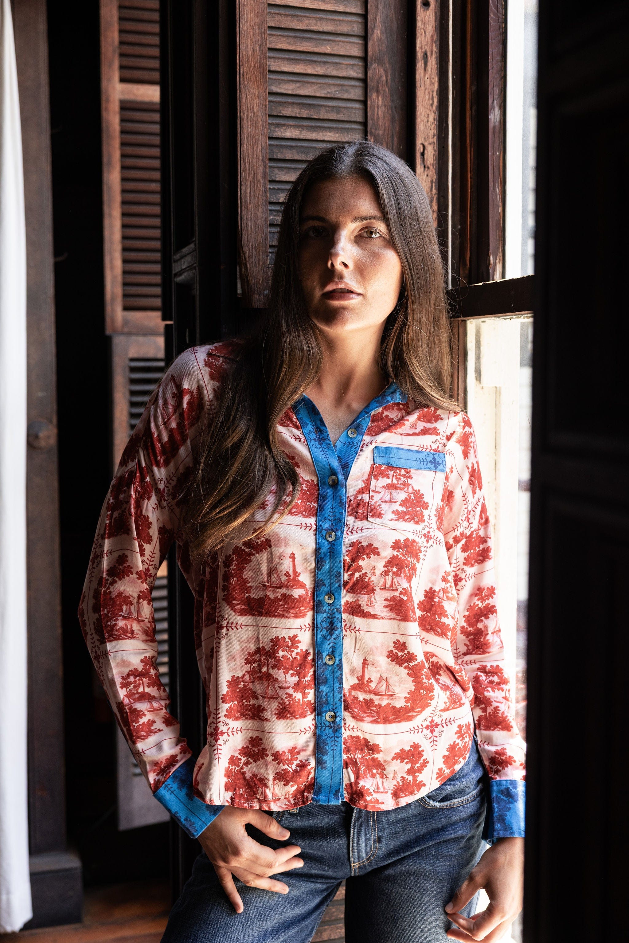 Sarah Alexis Tops Maeve Buttondown Shirt - Red Sailor's Tile