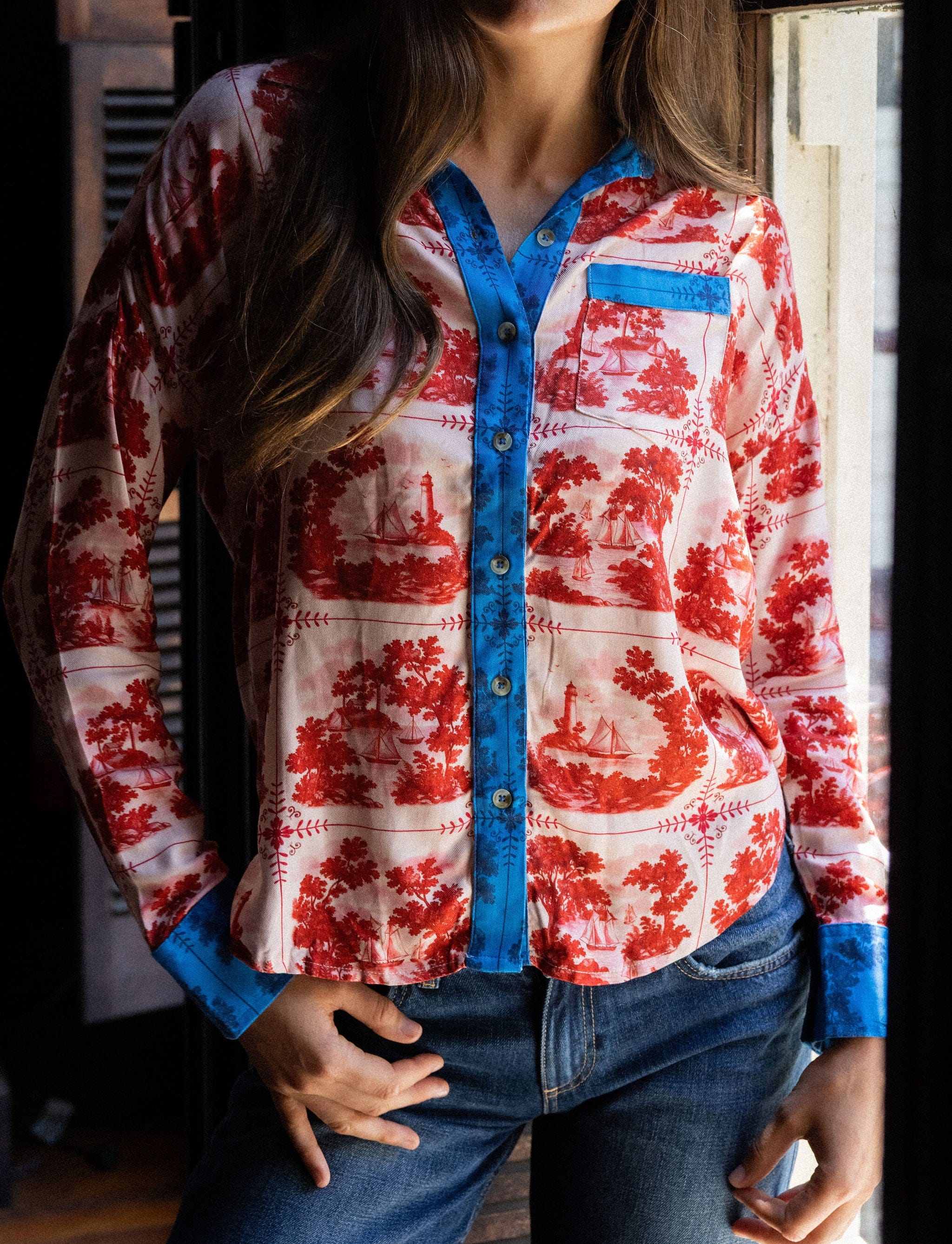 Sarah Alexis Tops Maeve Buttondown Shirt - Red Sailor's Tile