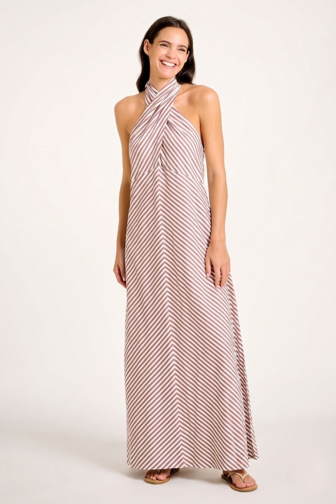 SITANO Dress Brown Stripes / XS Amore Halter Dress - Brown/White Stripes
