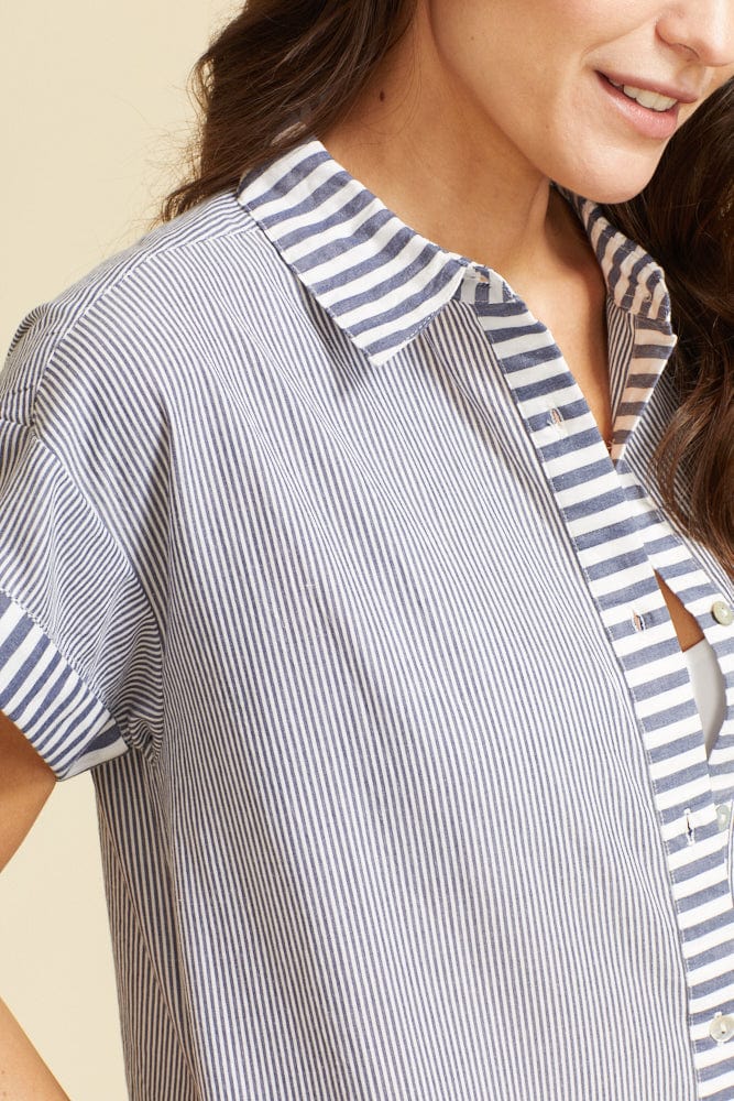 SITANO Dress Riga Short Sleeve Midi Dress - Navy Stripes