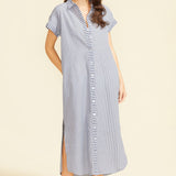 SITANO Dress Navy Stripes / XS Riga Short Sleeve Midi Dress - Navy Stripes