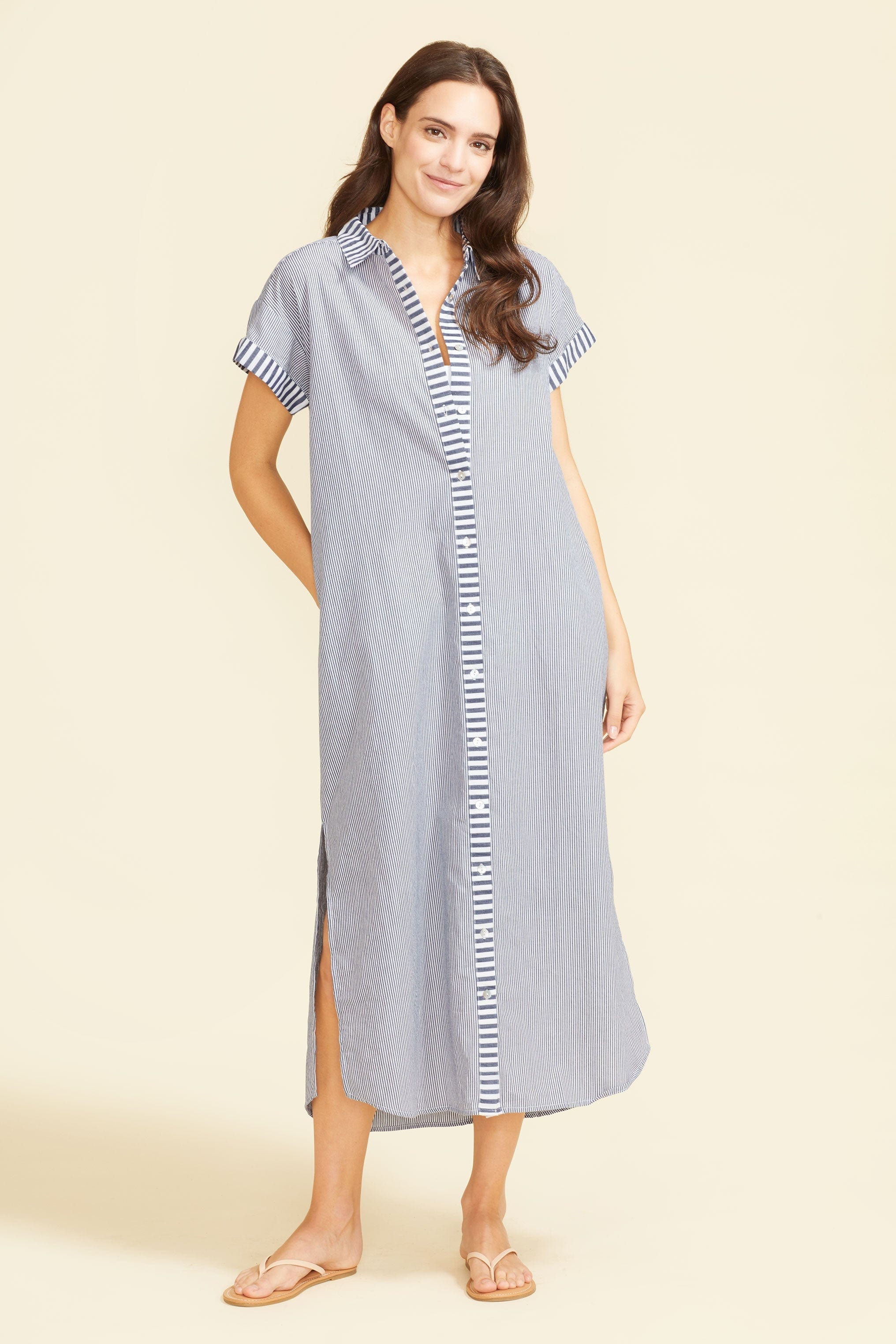 SITANO Dress Navy Stripes / XS Riga Short Sleeve Midi Dress - Navy Stripes