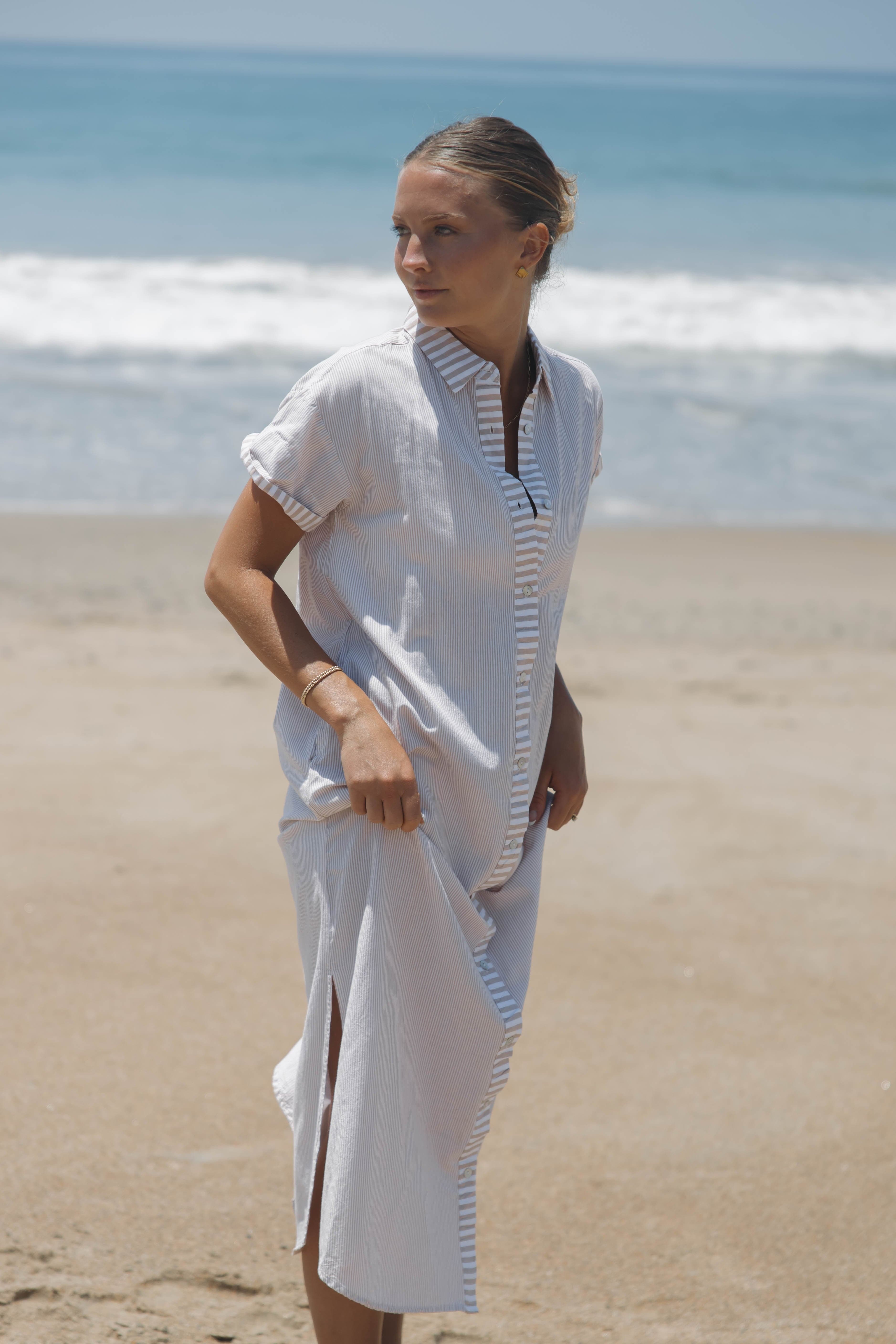 SITANO Dress Riga Short Sleeve Midi Dress - Tan Stripes