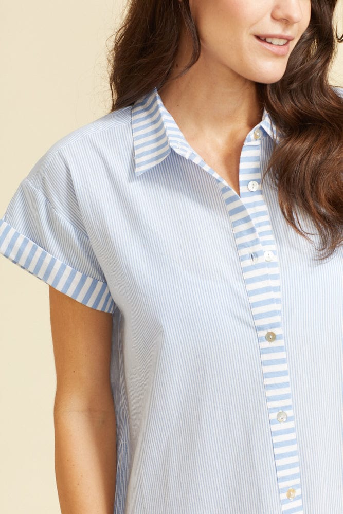 SITANO Dress Riga Short Sleeve Short Dress - Blue Stripes