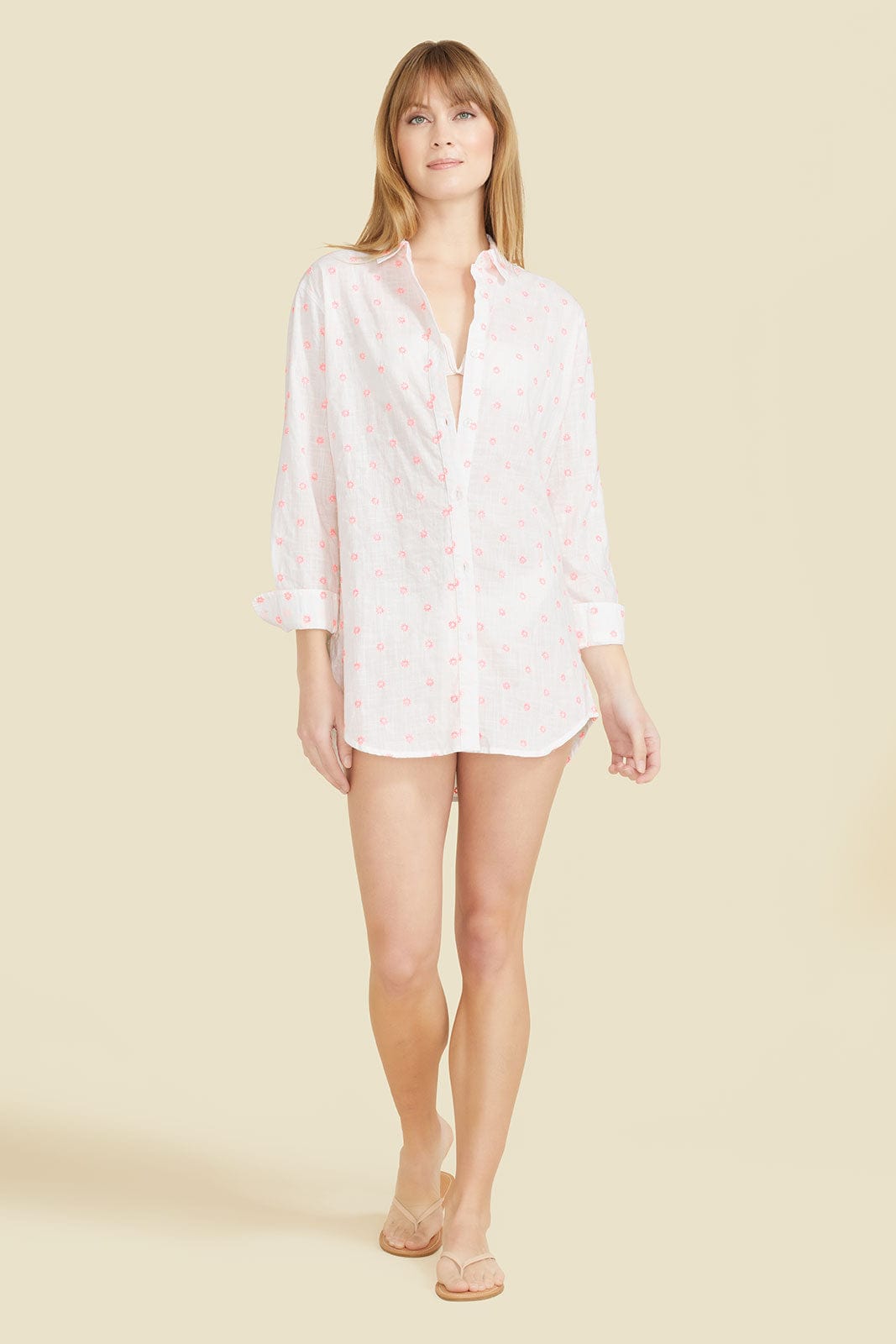 SITANO White with Pink Embroidery / XS Primavera Shirt Dress - White with Pink Flowers