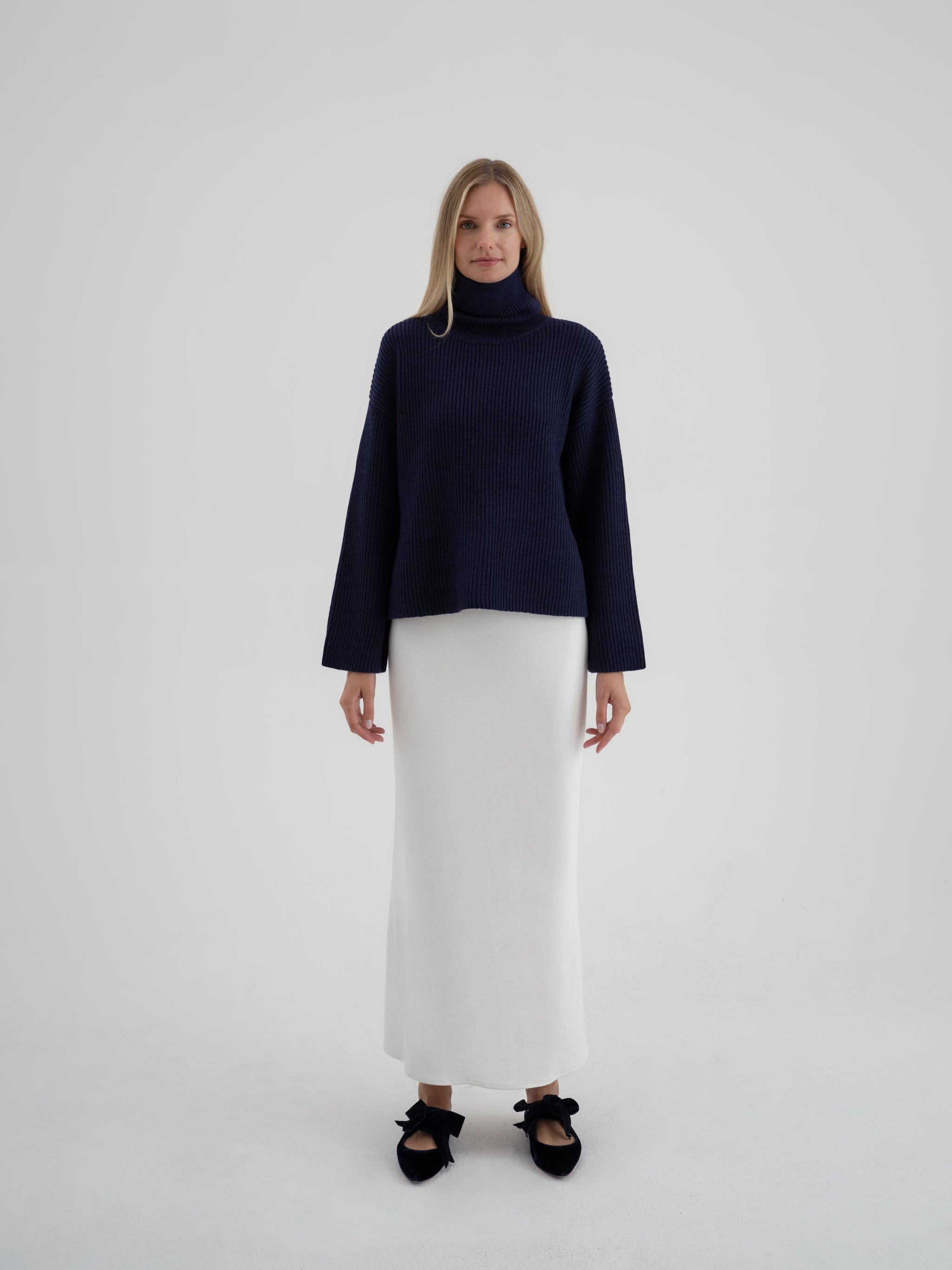 Soft Animal Wool Ribbed Turtleneck Sweater, Navy