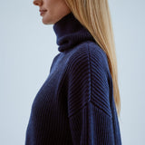 Soft Animal Wool Ribbed Turtleneck Sweater, Navy