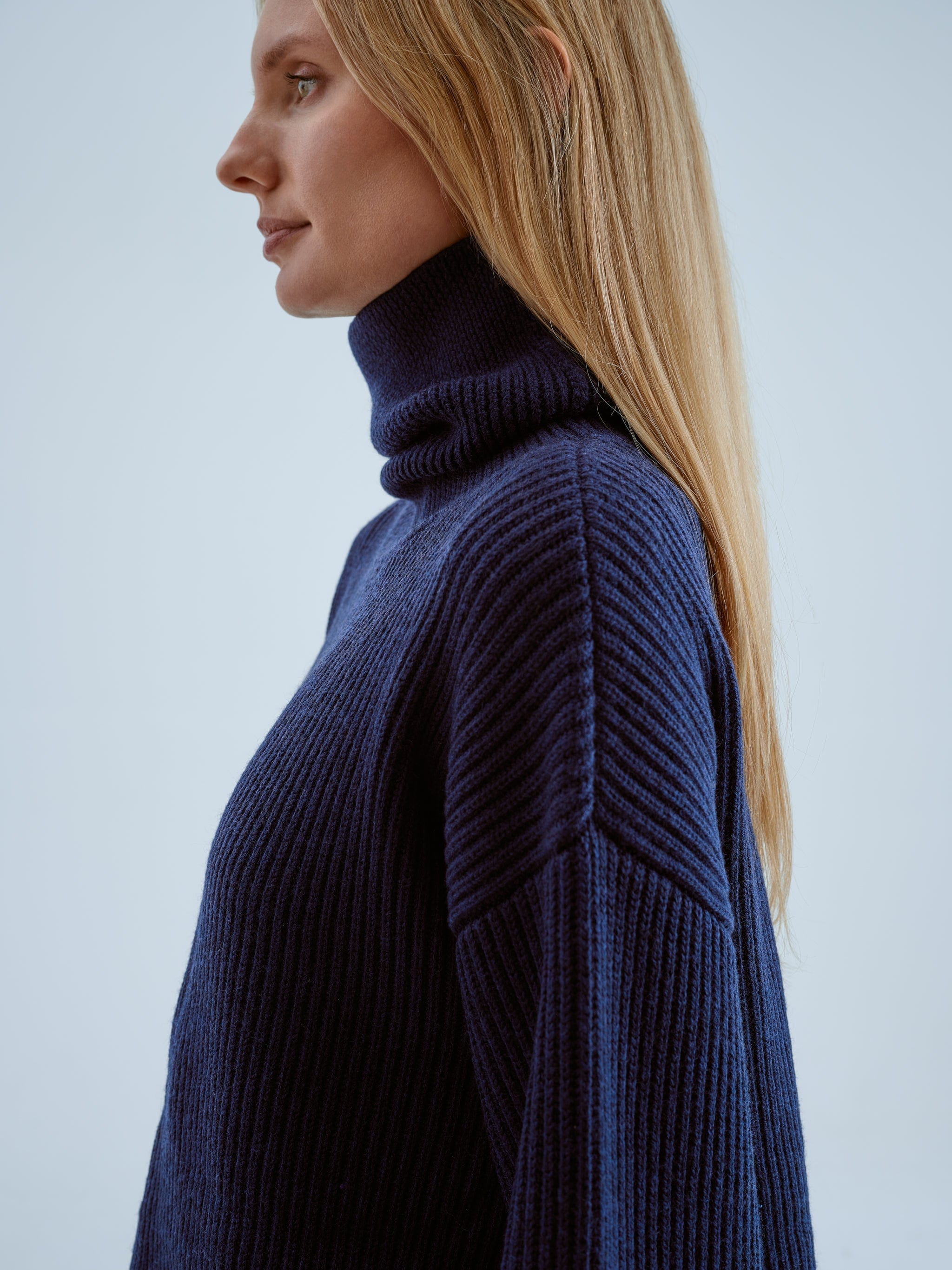 Soft Animal Wool Ribbed Turtleneck Sweater, Navy