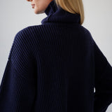 Soft Animal Wool Ribbed Turtleneck Sweater, Navy