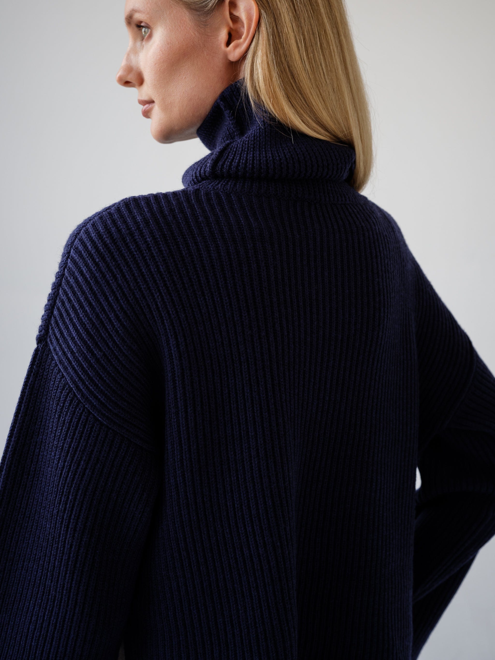 Soft Animal Wool Ribbed Turtleneck Sweater, Navy