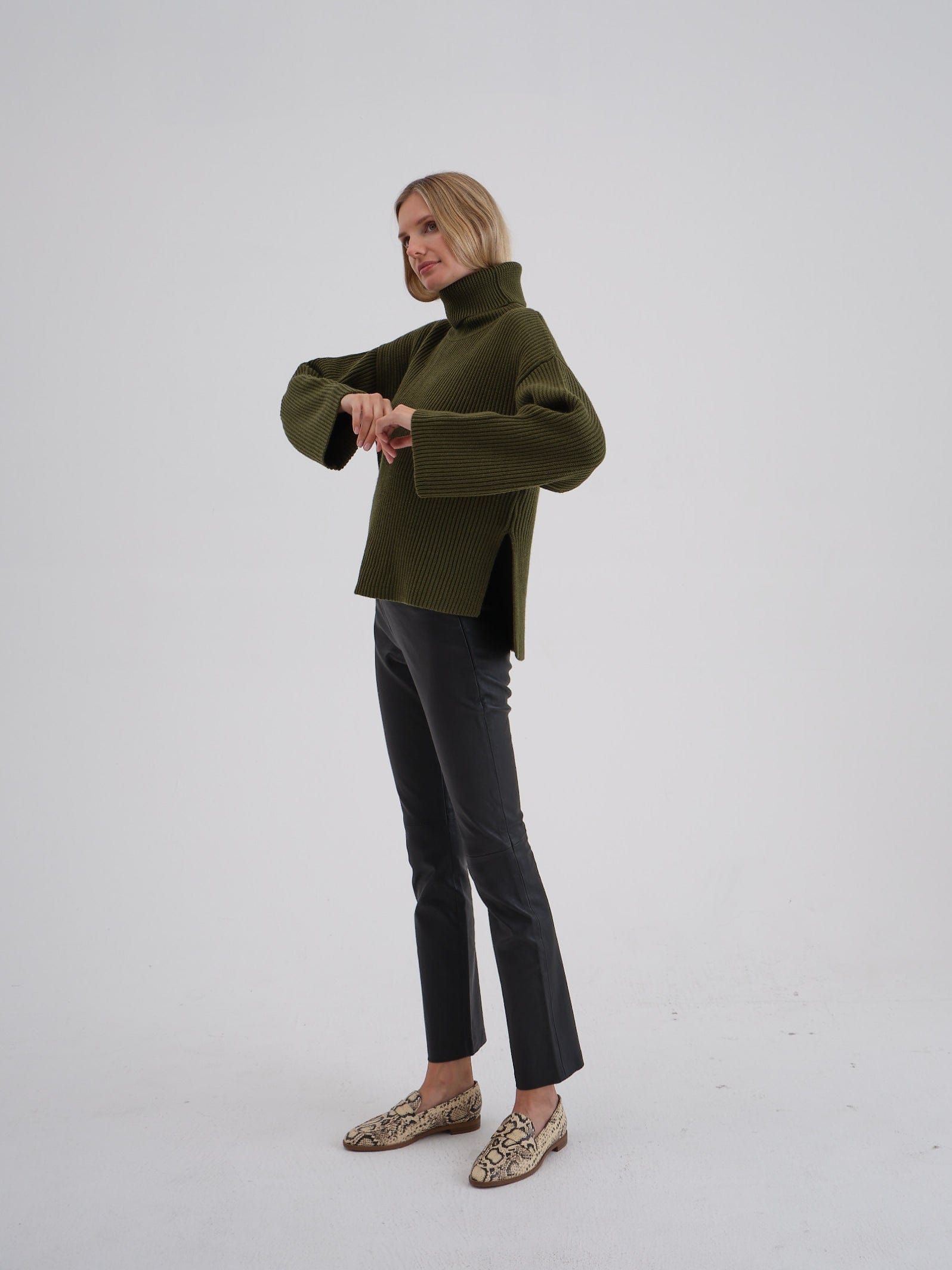 Soft Animal Wool Ribbed Turtleneck Sweater, Olive