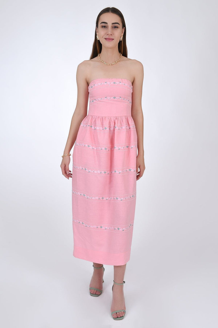 Anim Linen Strapeless Dress with Embroidery stripe detail (front view). 