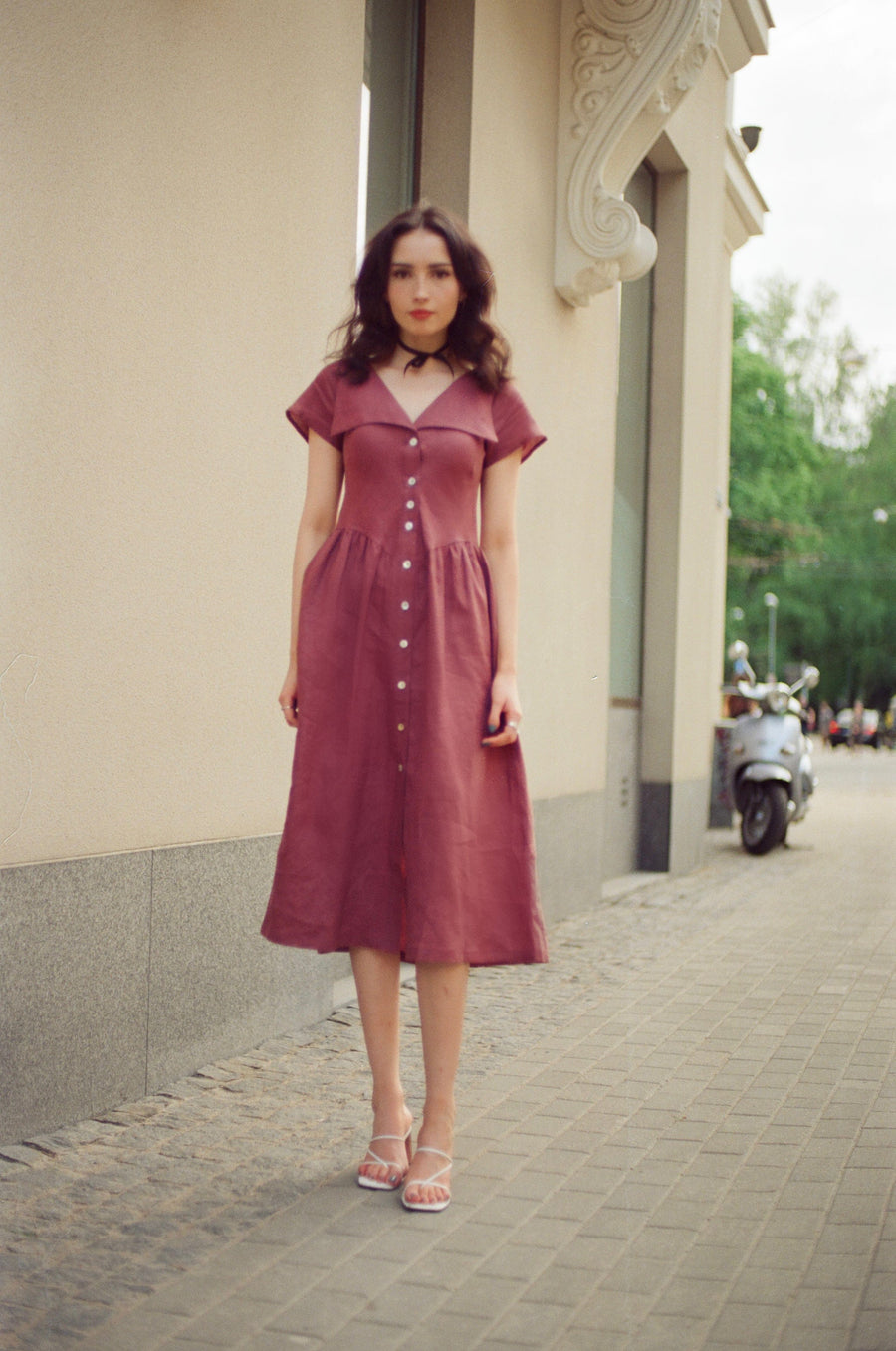 Helena Dress / 100% Linen in Plum with Shell Buttons