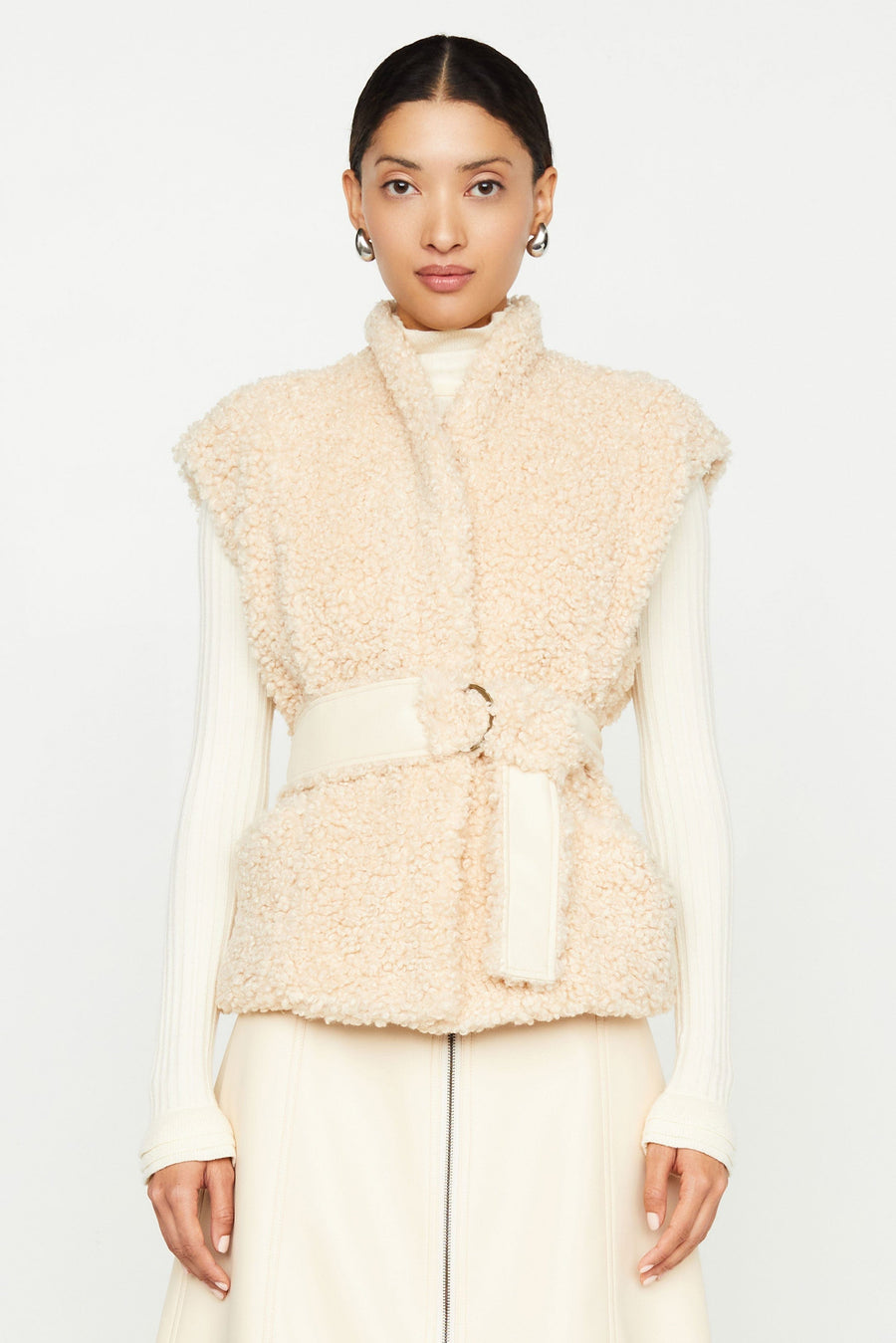 Sand sherpa vest with faux leather belt 