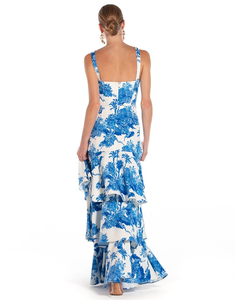 Mestiza NY Strapped Invisible Back Zipper Blue/White Palm Toile Printed Stretch Crepe Torero Gown, Size 0-14, Back View
